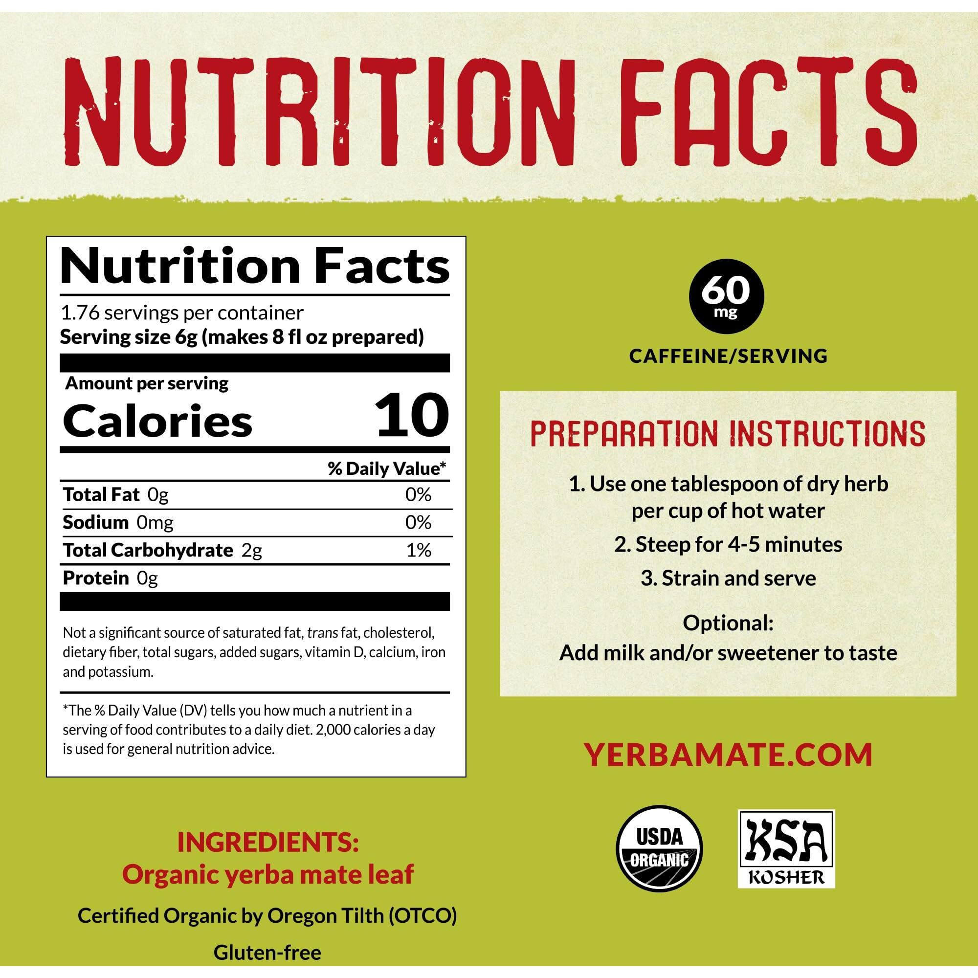 Ecoteas - Organic Yerba Mate Loose Leaf Tea - Unsmoked, Pure Leaf, 1 Lb - Detox Hi Caf Energy, 100% Organic From Argentina