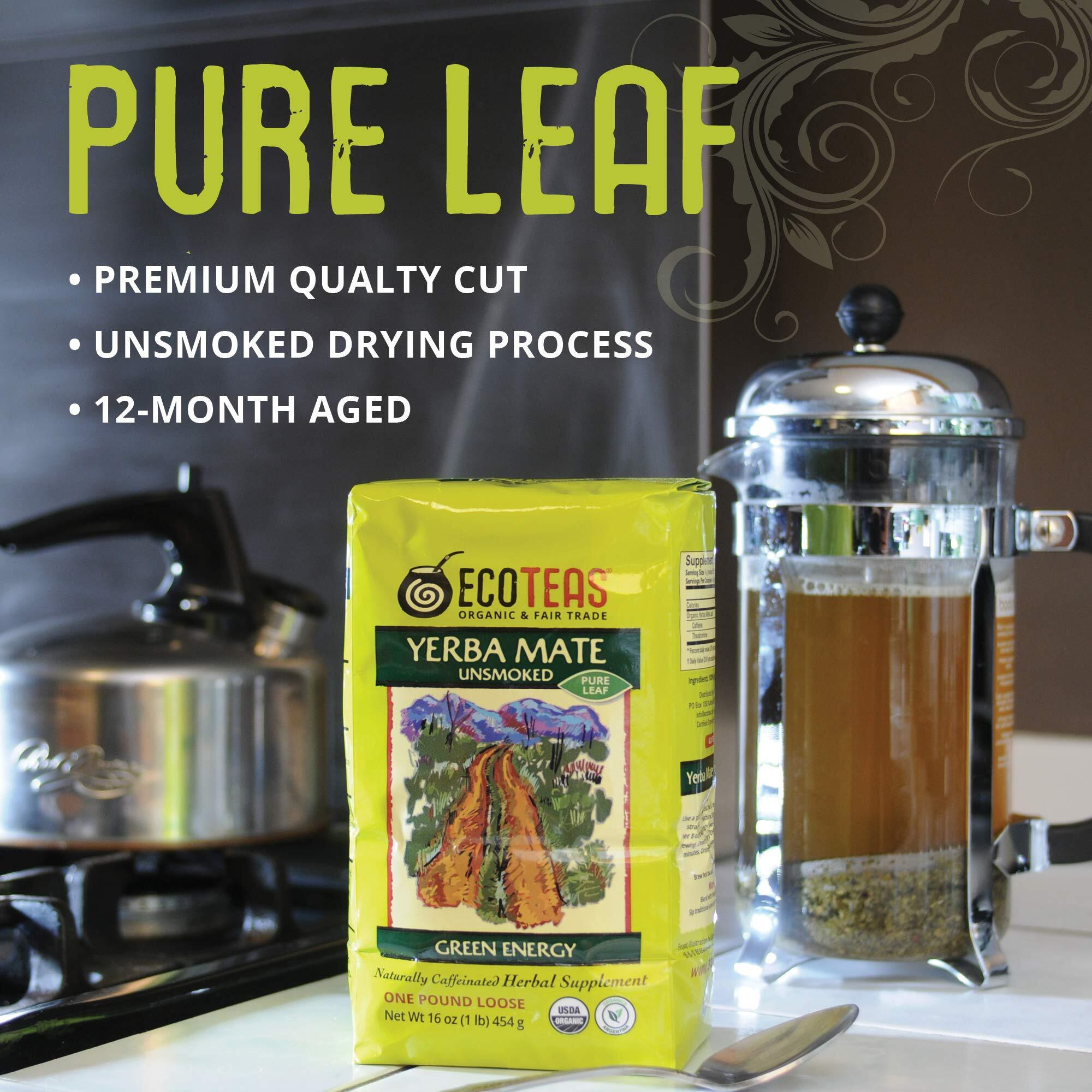 Ecoteas - Organic Yerba Mate Loose Leaf Tea - Unsmoked, Pure Leaf, 1 Lb - Detox Hi Caf Energy, 100% Organic From Argentina
