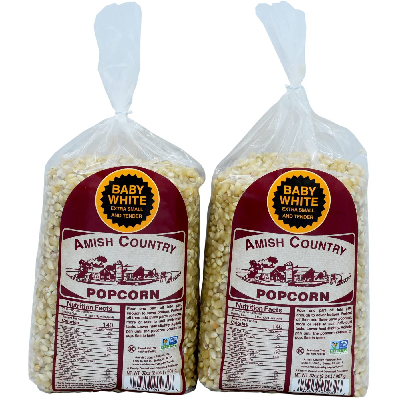 Amish Country Popcorn | 2-2 Lb Bags | Baby White Popcorn Kernels | Small And Tender | Old Fashioned, Non-Gmo And Gluten Free