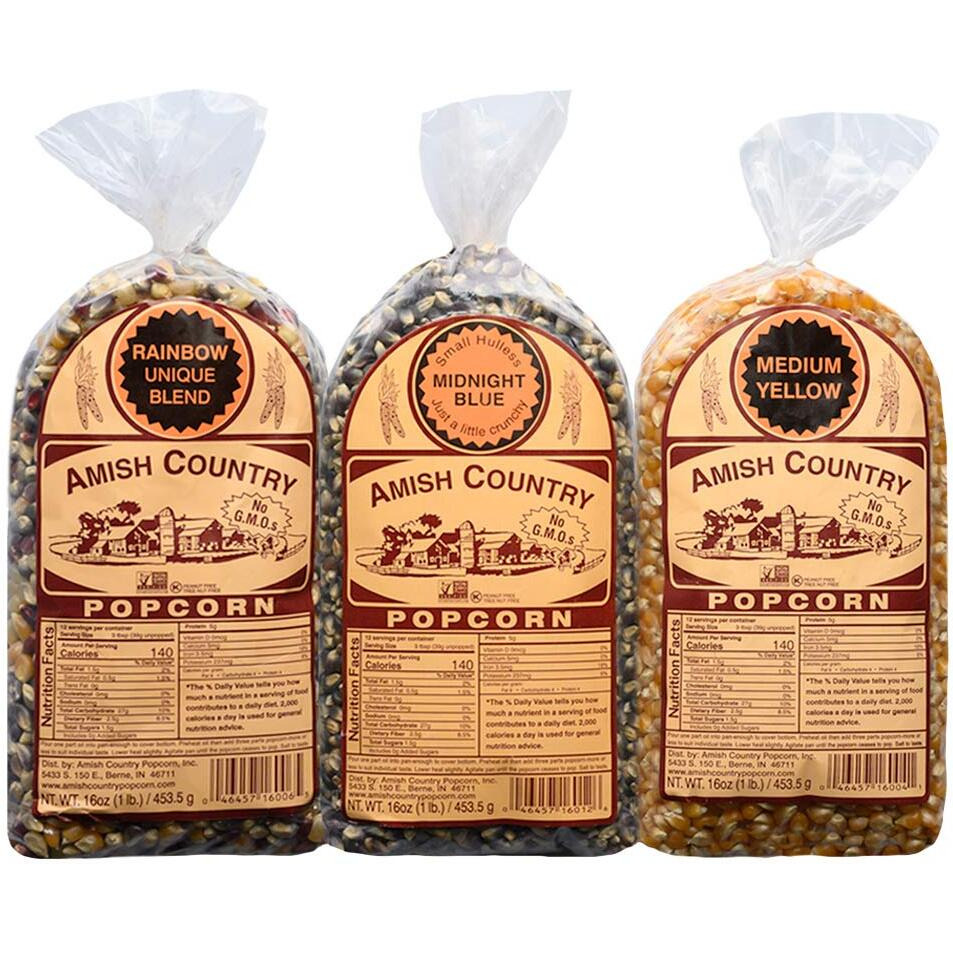 Amish Country Popcorn | 3-1 Lb Bags | Variety Set | Midnight Blue, Rainbow, & Medium Yellow Popcorn Kernels | Old Fashioned, Non-Gmo And Gluten Free (3-1 Lb Bags)