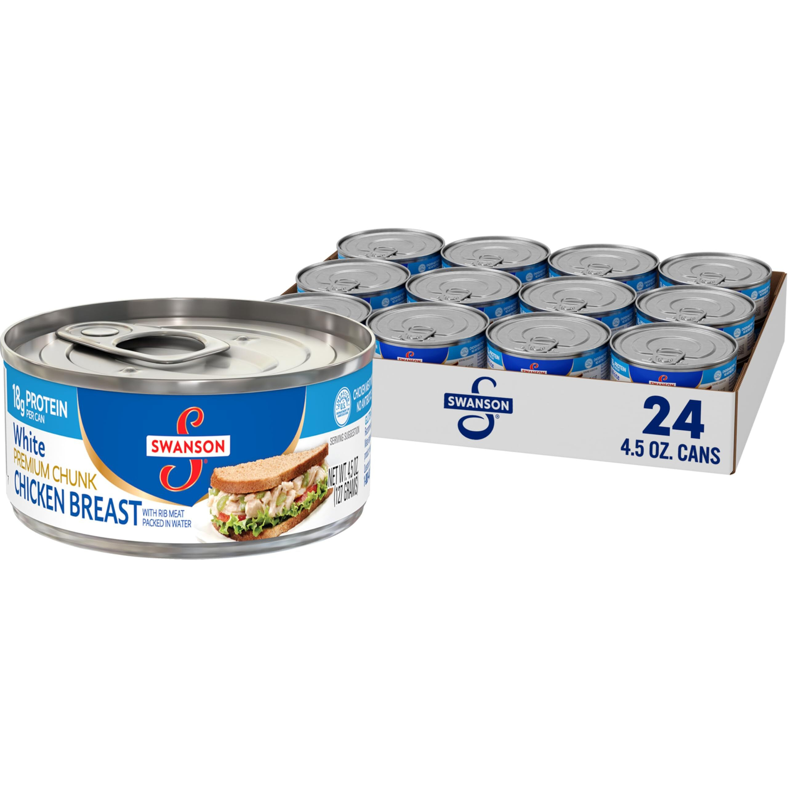 Swanson White Premium Chunk Canned Chicken Breast In Water, Fully Cooked Chicken, 4.5 Oz Can (Case Of 24)