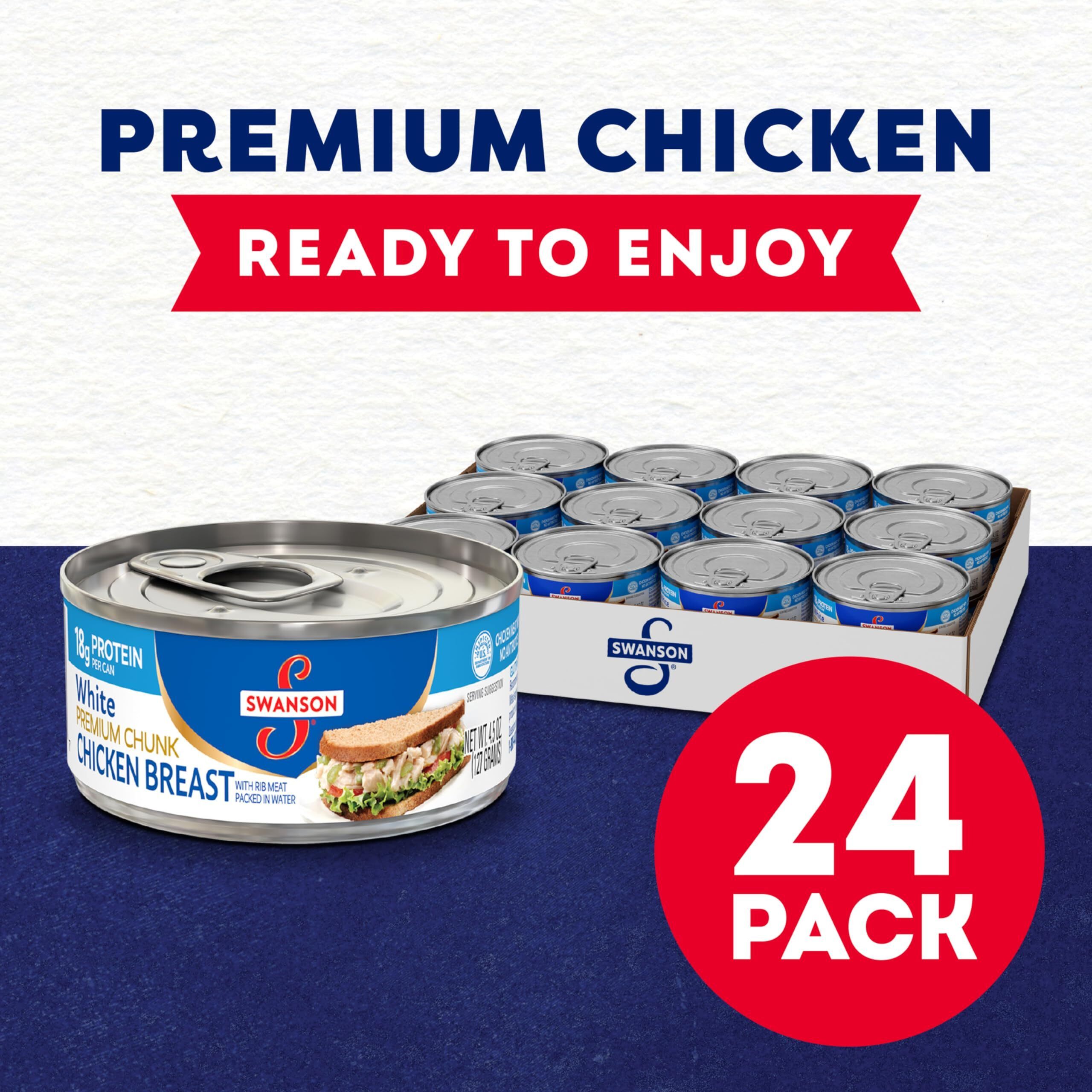 Swanson White Premium Chunk Canned Chicken Breast In Water, Fully Cooked Chicken, 4.5 Oz Can (Case Of 24)