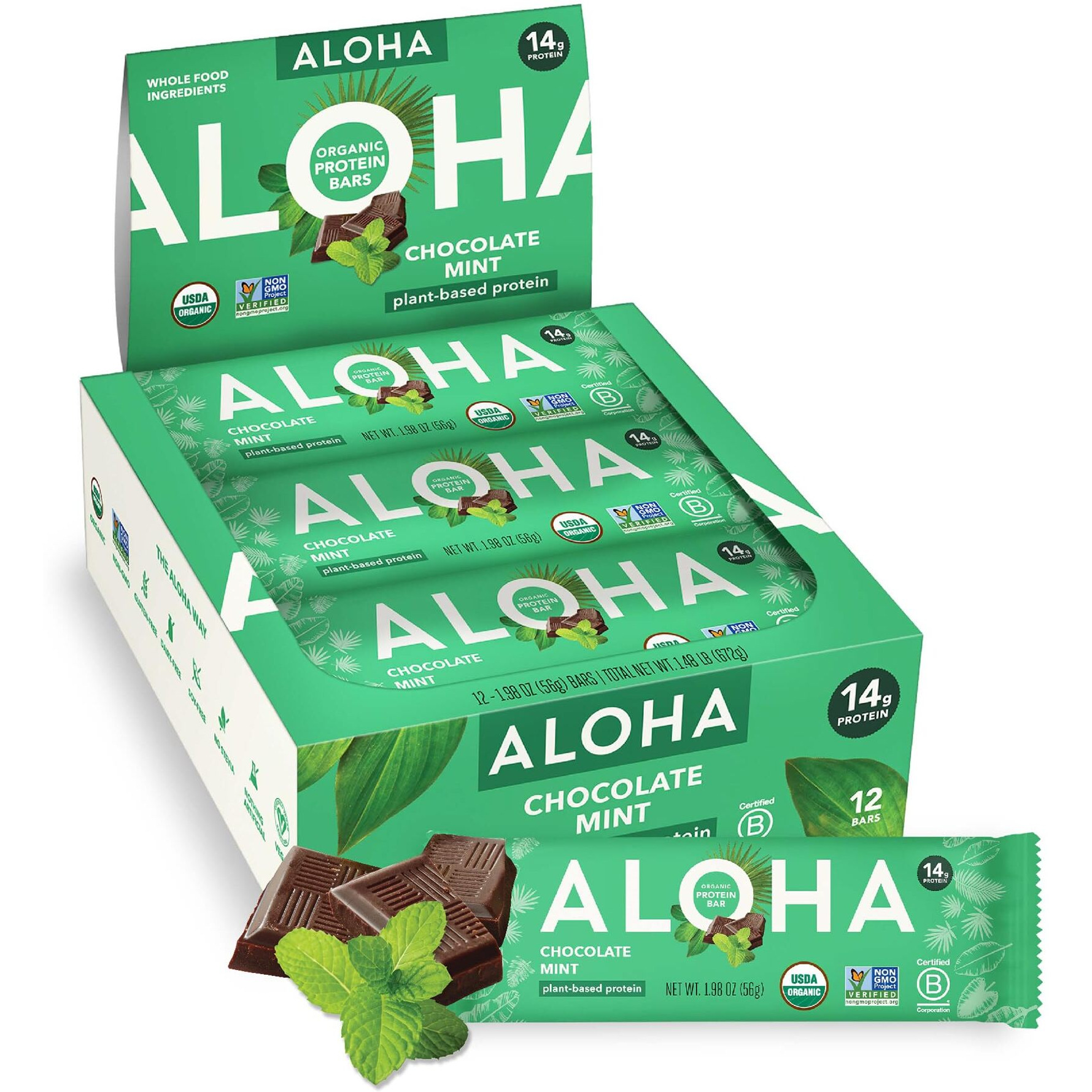 Aloha Organic Plant Based Protein Bars, Chocolate Mint, 1.98 Oz (Pack Of 12)