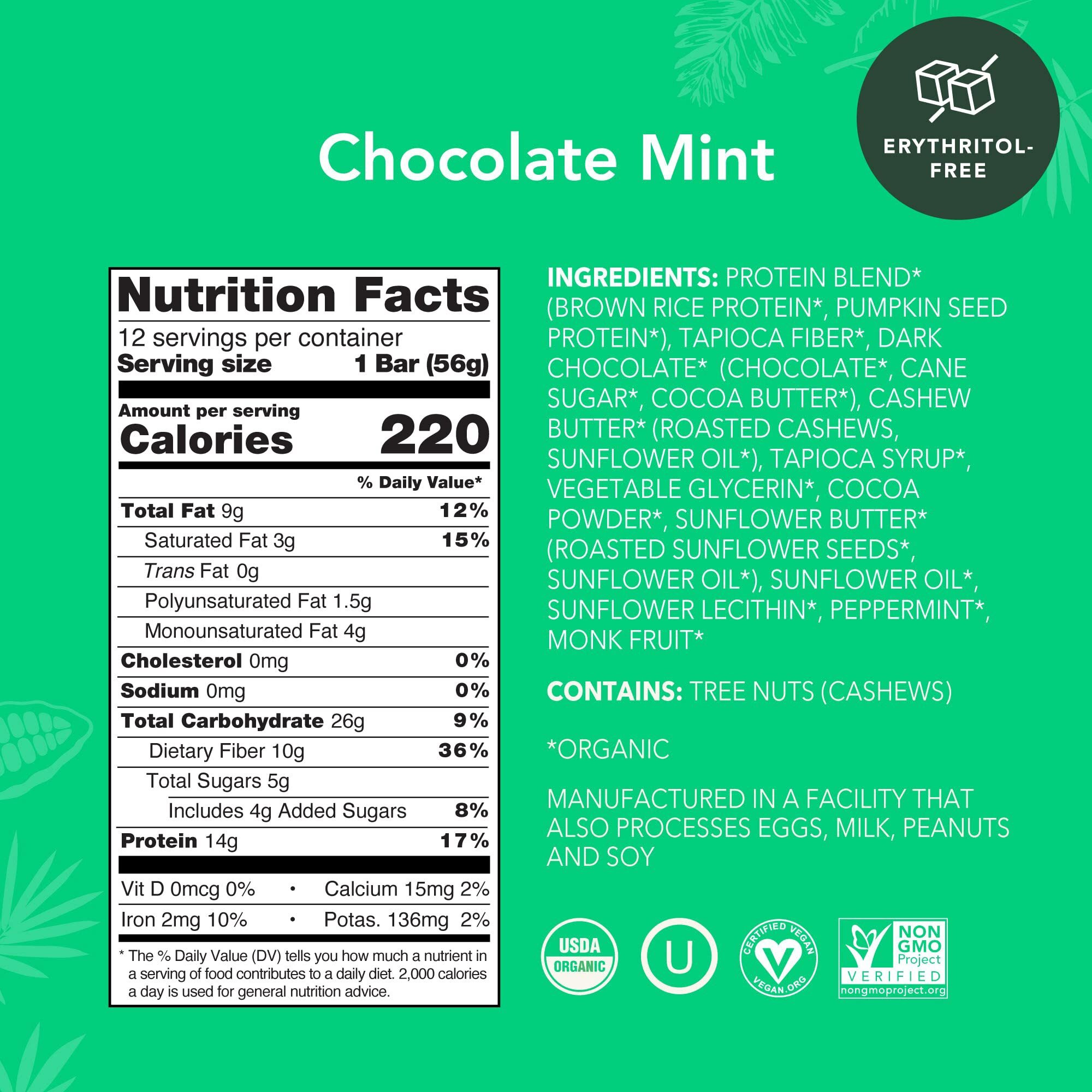 Aloha Organic Plant Based Protein Bars, Chocolate Mint, 1.98 Oz (Pack Of 12)
