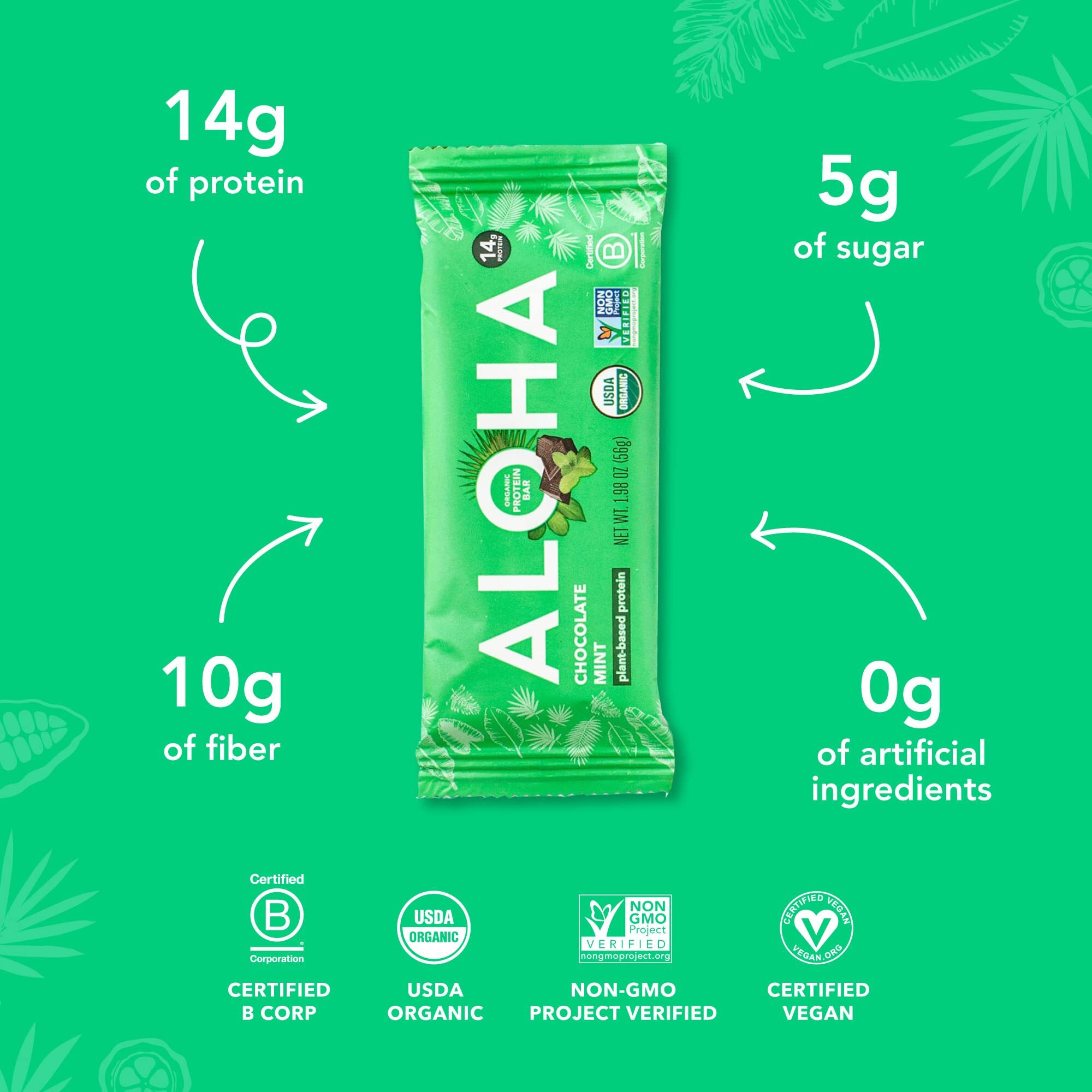 Aloha Organic Plant Based Protein Bars, Chocolate Mint, 1.98 Oz (Pack Of 12)