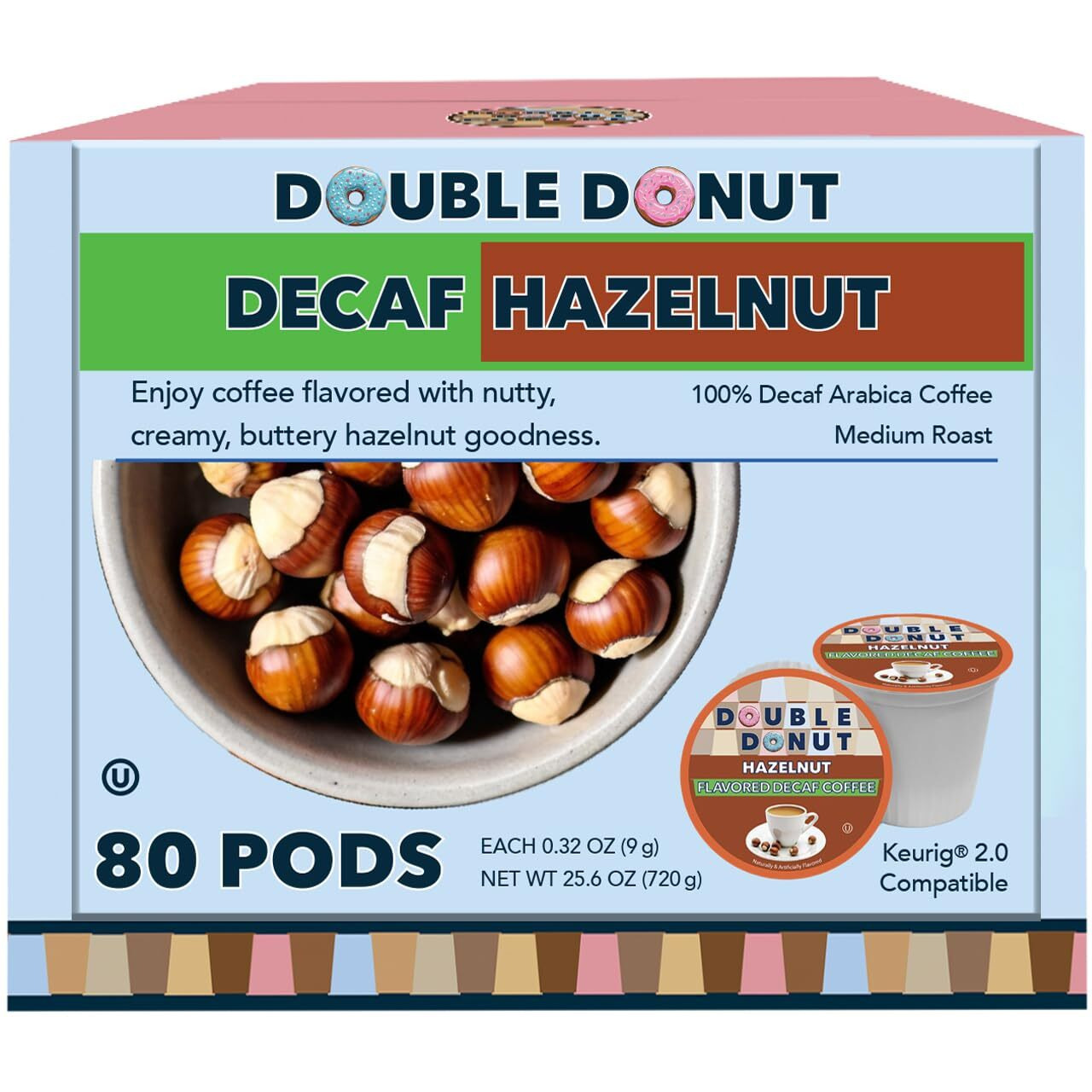 Double Donut Flavored Decaf Coffee, Decaf Hazelnut Coffee, Decaf Coffee Pods For Keurig K Cups Machines, Medium Roast, 80 Count (Pack Of 1)