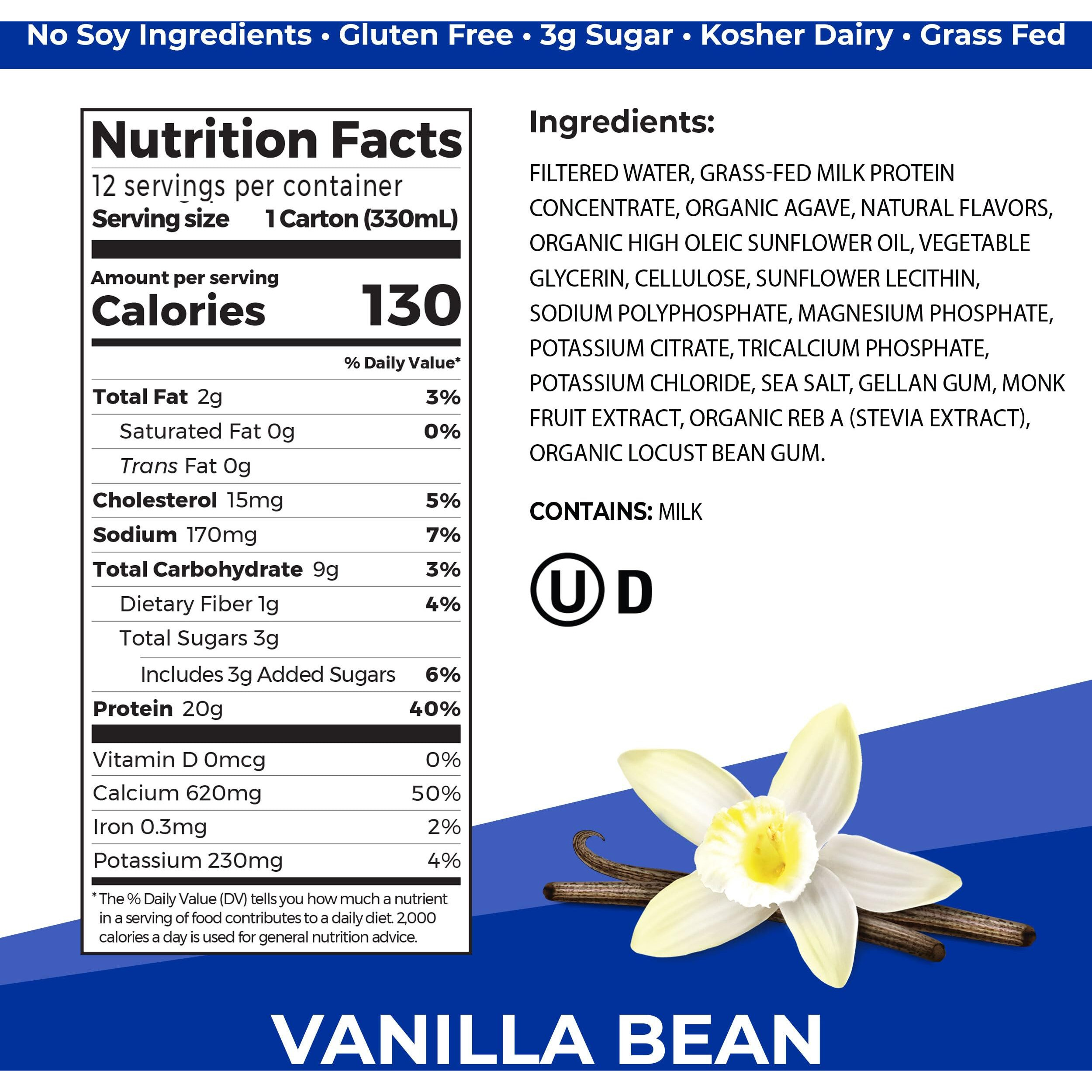 Orgain Clean Protein Shake, Grass Fed Dairy, Vanilla Bean - 20G Whey High Protein, Kosher, Ready To Drink, Low Net Carbs, Gluten Free, No Soy Ingredients, 11 Fl Oz (Pack Of 12)