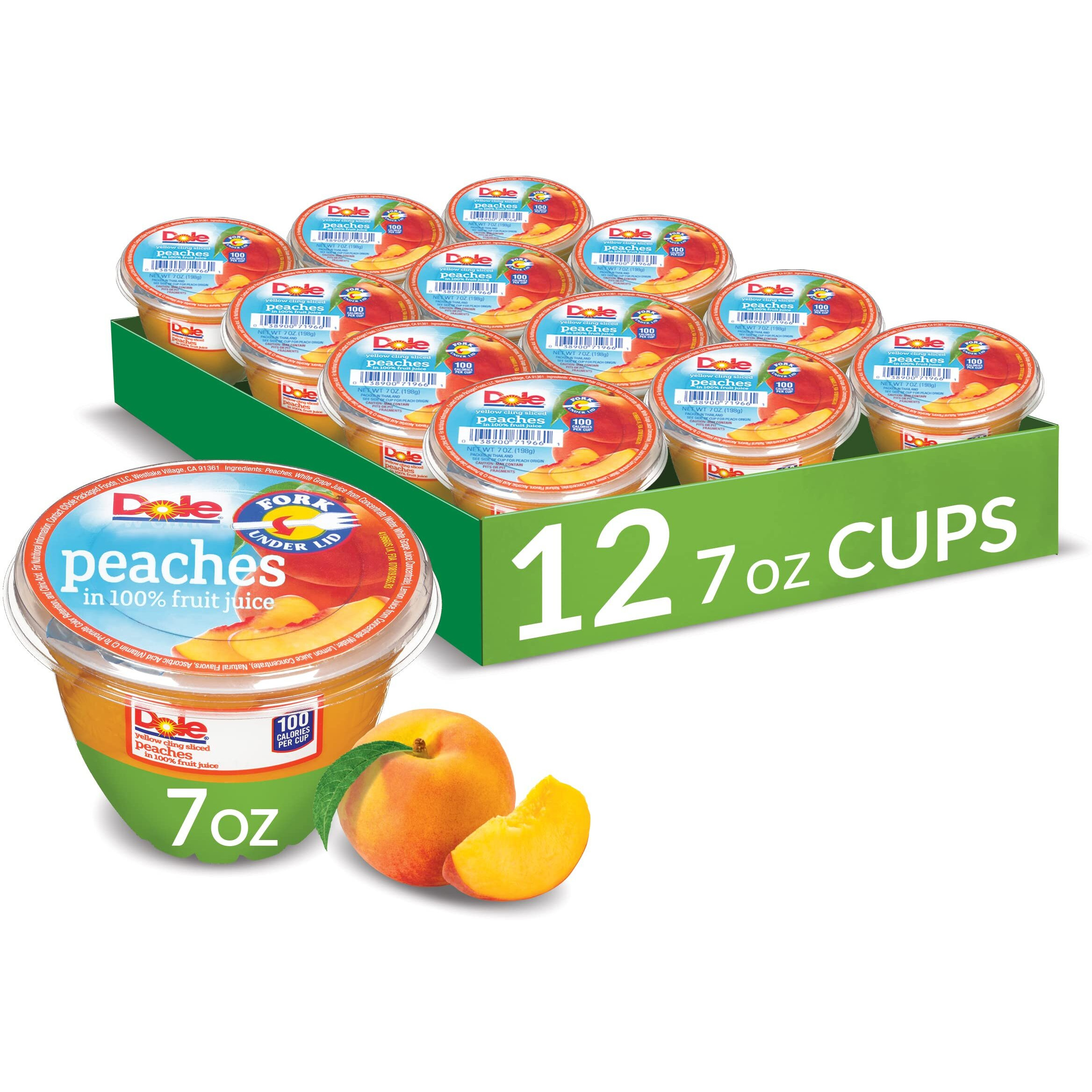Dole Fruit Bowls Diced Peaches In 100% Juice Snacks, 7Oz 12 Total Cups, Gluten & Dairy Free, Bulk Lunch Snacks For Kids & Adults