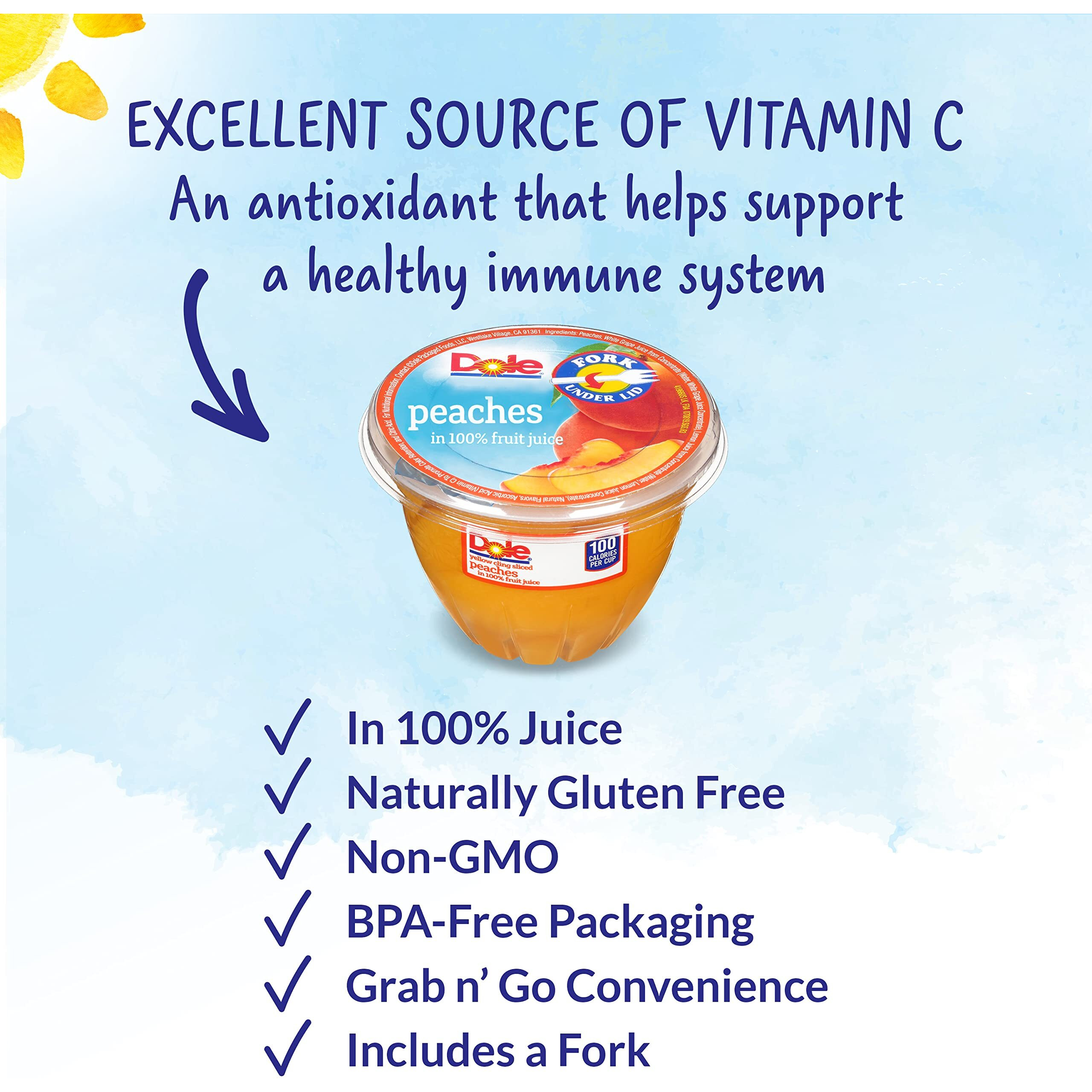 Dole Fruit Bowls Diced Peaches In 100% Juice Snacks, 7Oz 12 Total Cups, Gluten & Dairy Free, Bulk Lunch Snacks For Kids & Adults