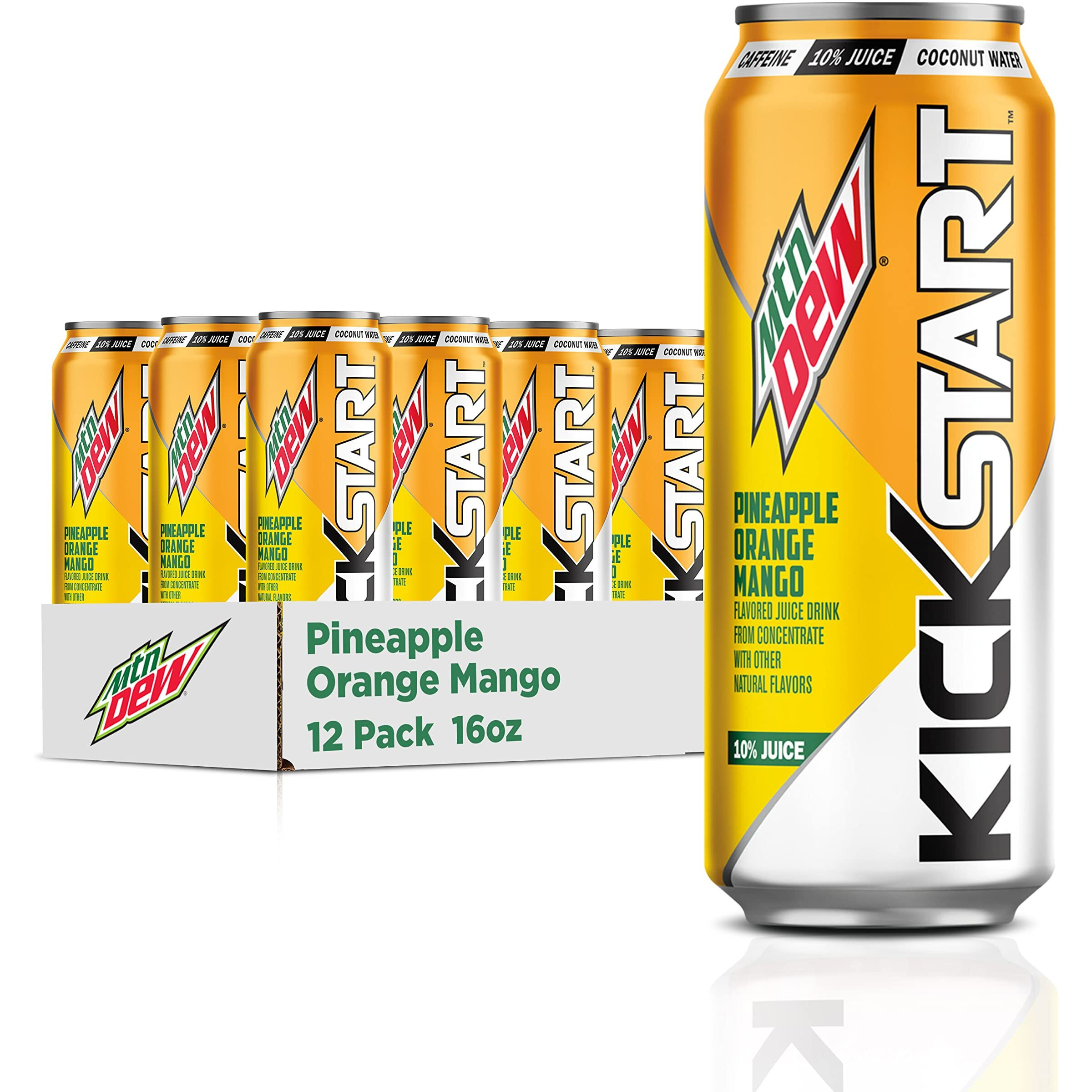Mountain Dew Kickstart, Pineapple Orange Mango, 90Mg Caffeine, Vitamins B & C, 80 Calories, 10% Juice, 16 Fl Oz (Pack Of 12)