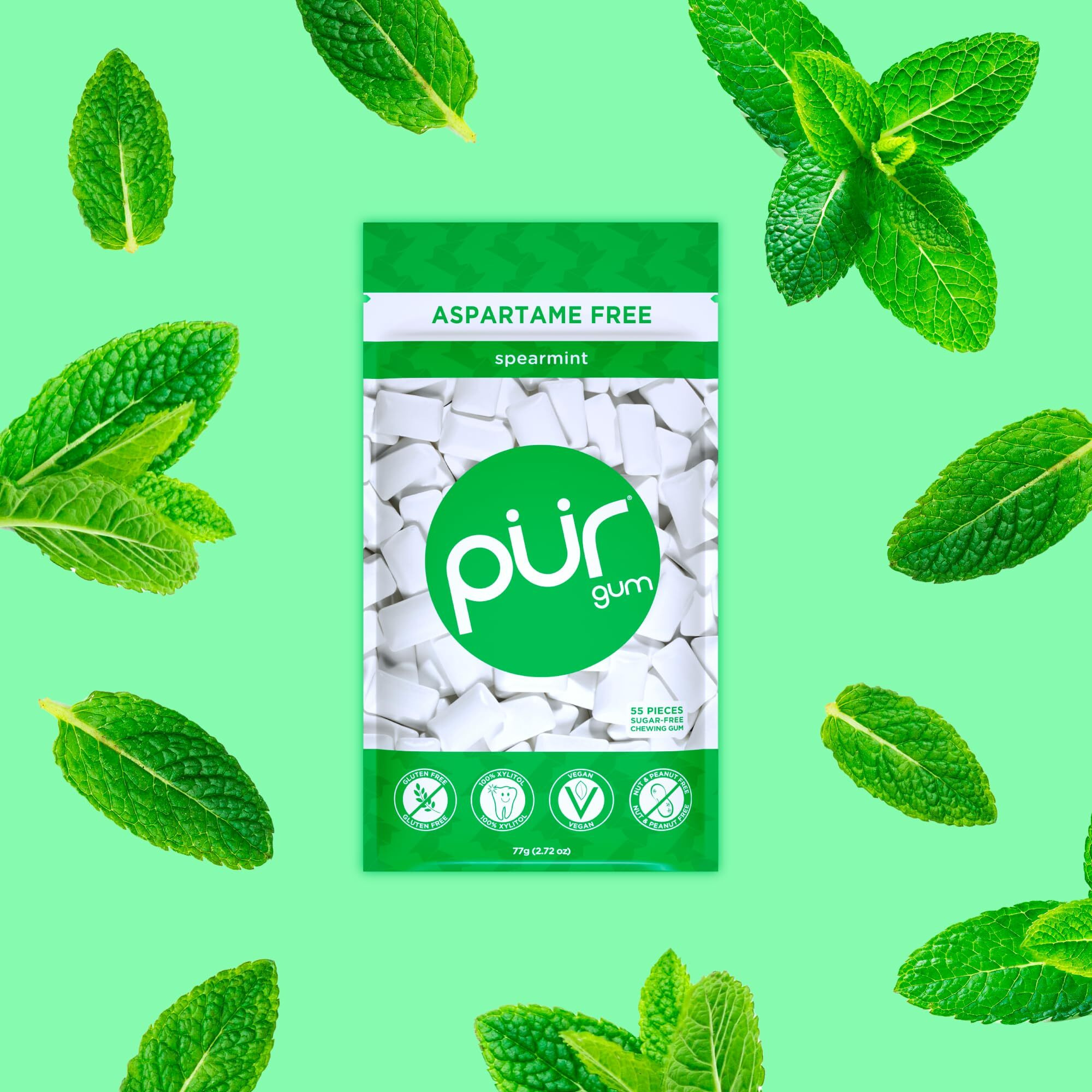 Pur Gum | Aspartame Free Chewing Gum | 100% Xylitol | Natural Spearmint Flavored Gum, 55 Pieces (Pack Of 3)