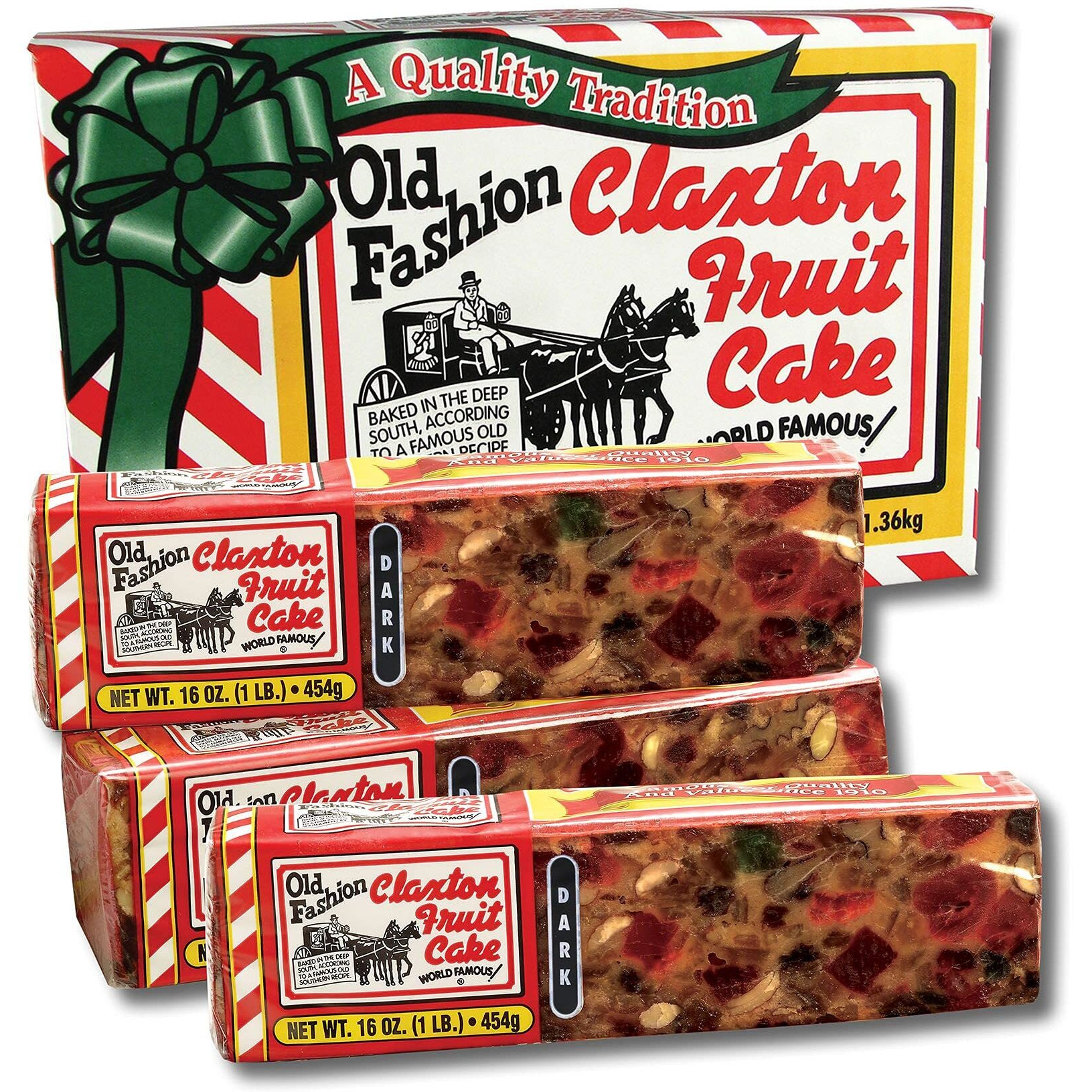 Old Fashion Claxton Fruit Cake 3-1 Lb. Dark Recipe Loaves - Individually Wrapped For Freshness In Our Signature Red-White Carton - 3-Pack