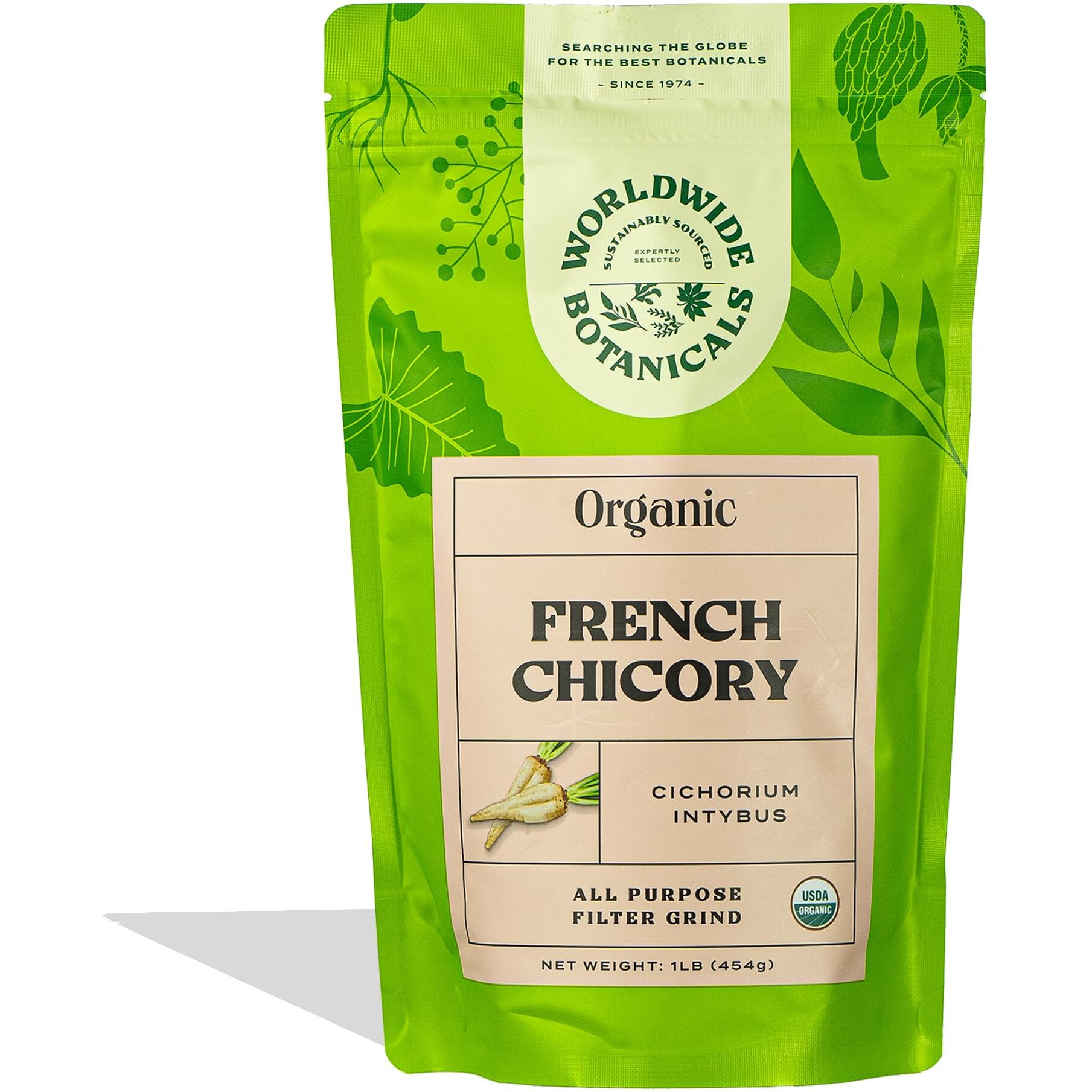 Worldwide Botanicals Organic French Chicory Root - Brew Like Coffee, Blend Roasted Chicory Root With Coffee, Coffee Alternative, Acid Free, Caffeine Free, Kosher - 1 Pound