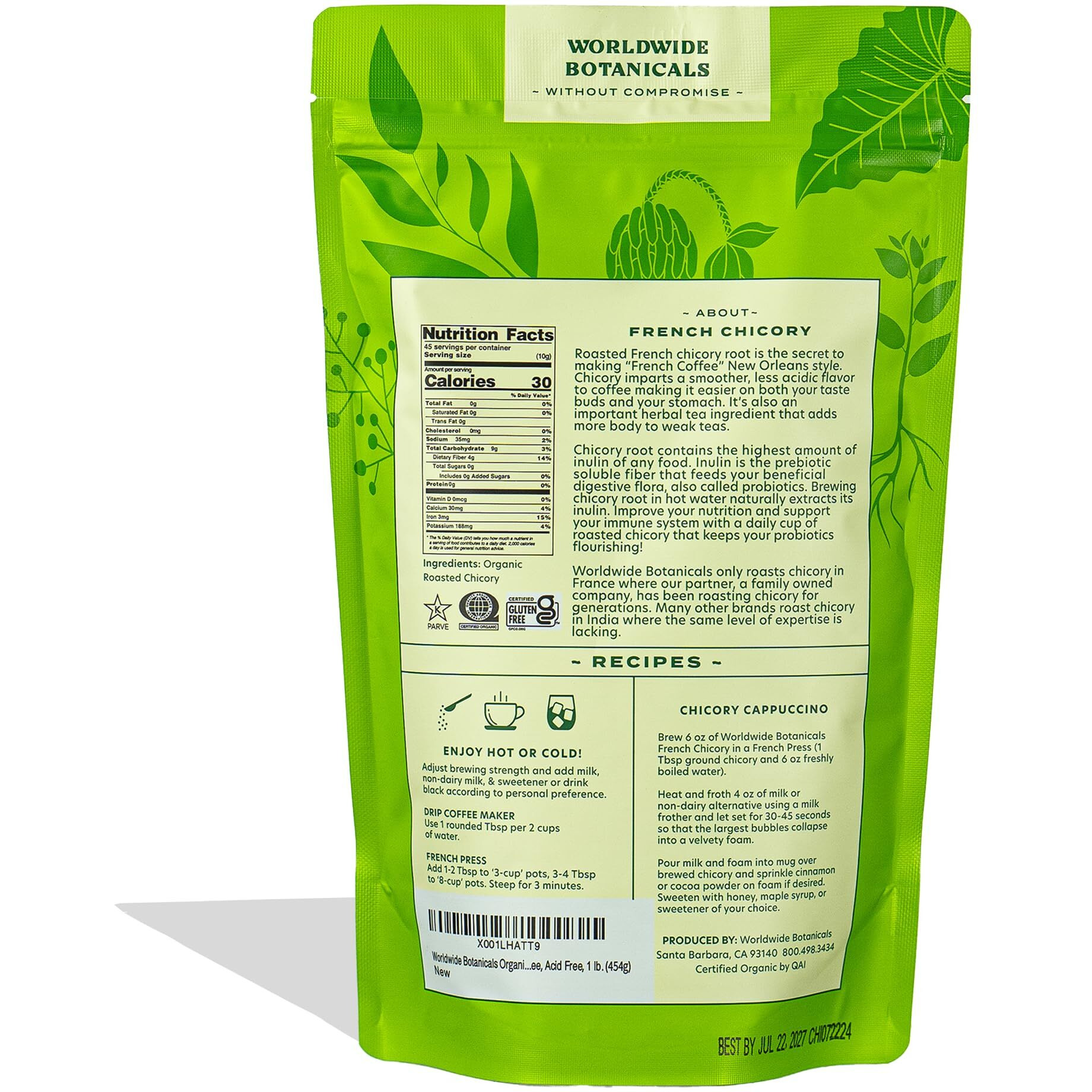 Worldwide Botanicals Organic French Chicory Root - Brew Like Coffee, Blend Roasted Chicory Root With Coffee, Coffee Alternative, Acid Free, Caffeine Free, Kosher - 1 Pound