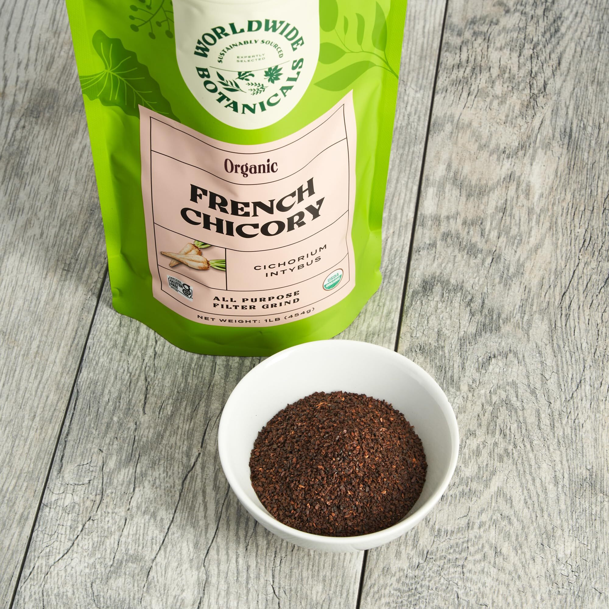 Worldwide Botanicals Organic French Chicory Root - Brew Like Coffee, Blend Roasted Chicory Root With Coffee, Coffee Alternative, Acid Free, Caffeine Free, Kosher - 1 Pound