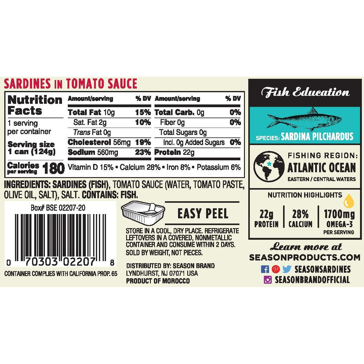 Season Sardines In Tomato Sauce - Wild Caught, 22G Of Protein, Keto Snacks, More Omega 3's Than Tuna, Kosher, High In Calcium, Canned Sardines - 4.37 Oz Tins, 12-Pack