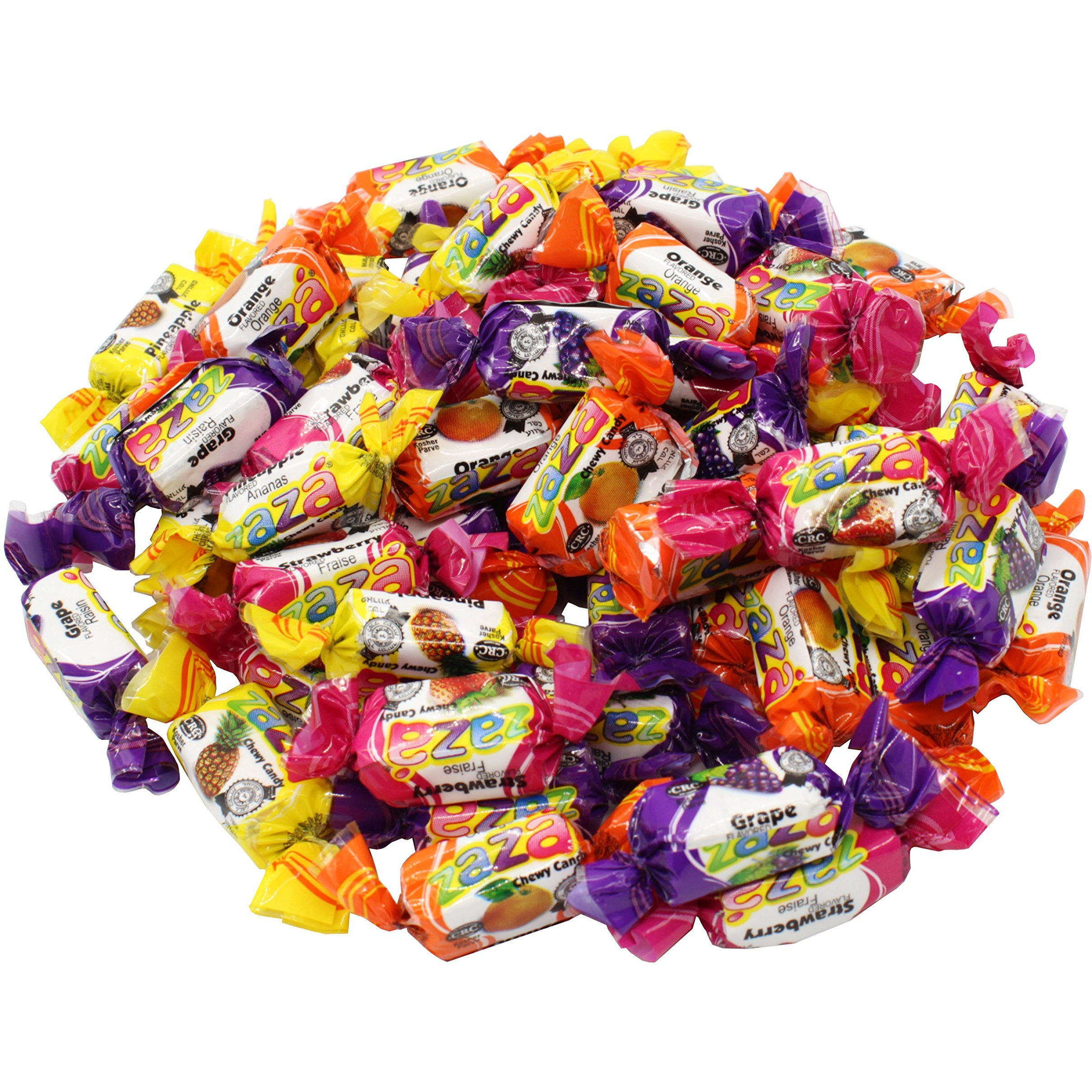 Zaza Assorted Bulk Chewy Candy, Colorful Flavorful Fruity Individually Wrapped Kosher Sweet Candies, Halloween Trick Or Treat, Variety Pack For Holiday Party, Valentines, Christmas, Thanksgiving, Or Office Reception Desk As Seen Bh Photo & Chase Bank