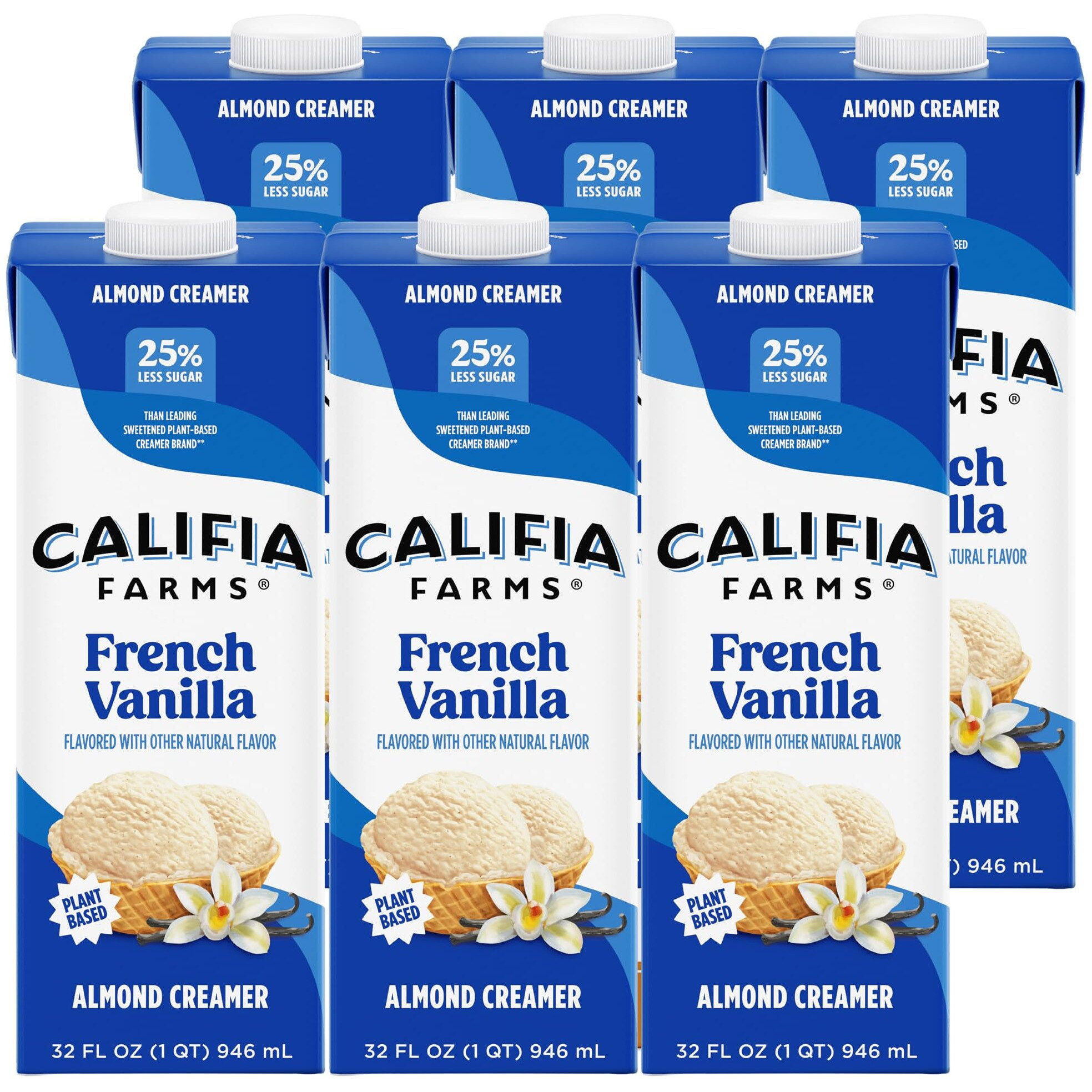 Califia Farms - French Vanilla Almond Milk Coffee Creamer, 32 Oz (Pack Of 6), Shelf Stable, Dairy Free, Plant Based, Vegan, Gluten Free, Non Gmo, Almond Creamer