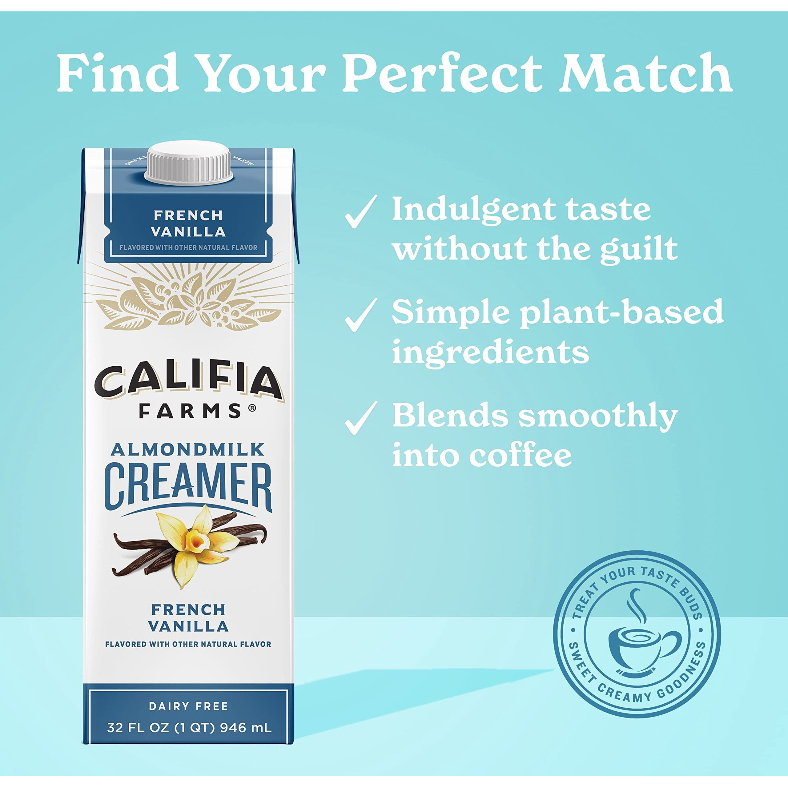 Califia Farms - French Vanilla Almond Milk Coffee Creamer, 32 Oz (Pack Of 6), Shelf Stable, Dairy Free, Plant Based, Vegan, Gluten Free, Non Gmo, Almond Creamer