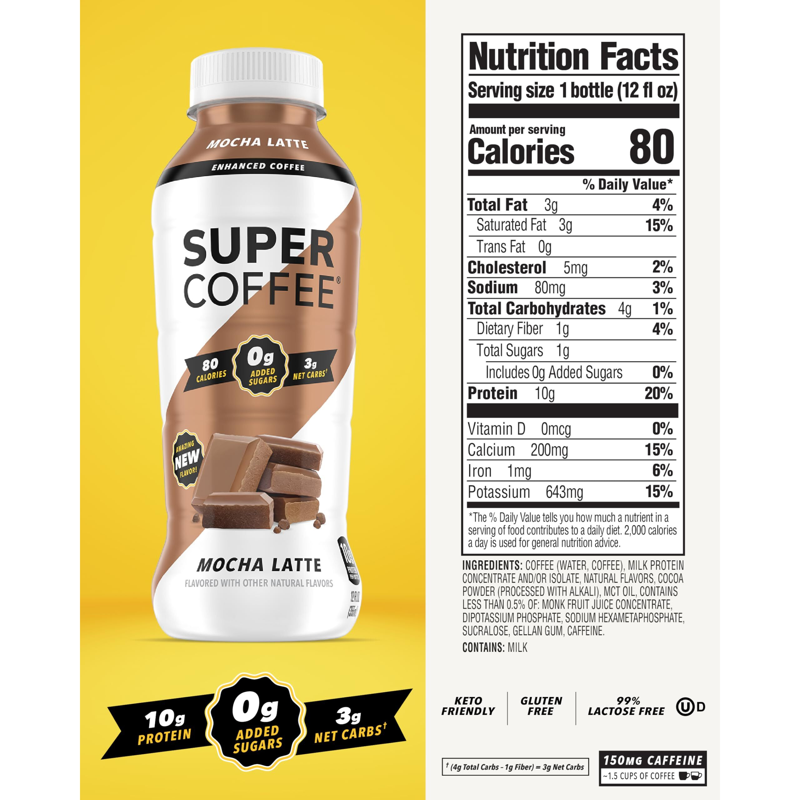 Super Coffee, Keto Protein Coffee (0G Added Sugar, 10G Protein, 70 Calories) [Mocha] 12 Fl Oz, 12 Pack | Iced Smart Coffee Drinks