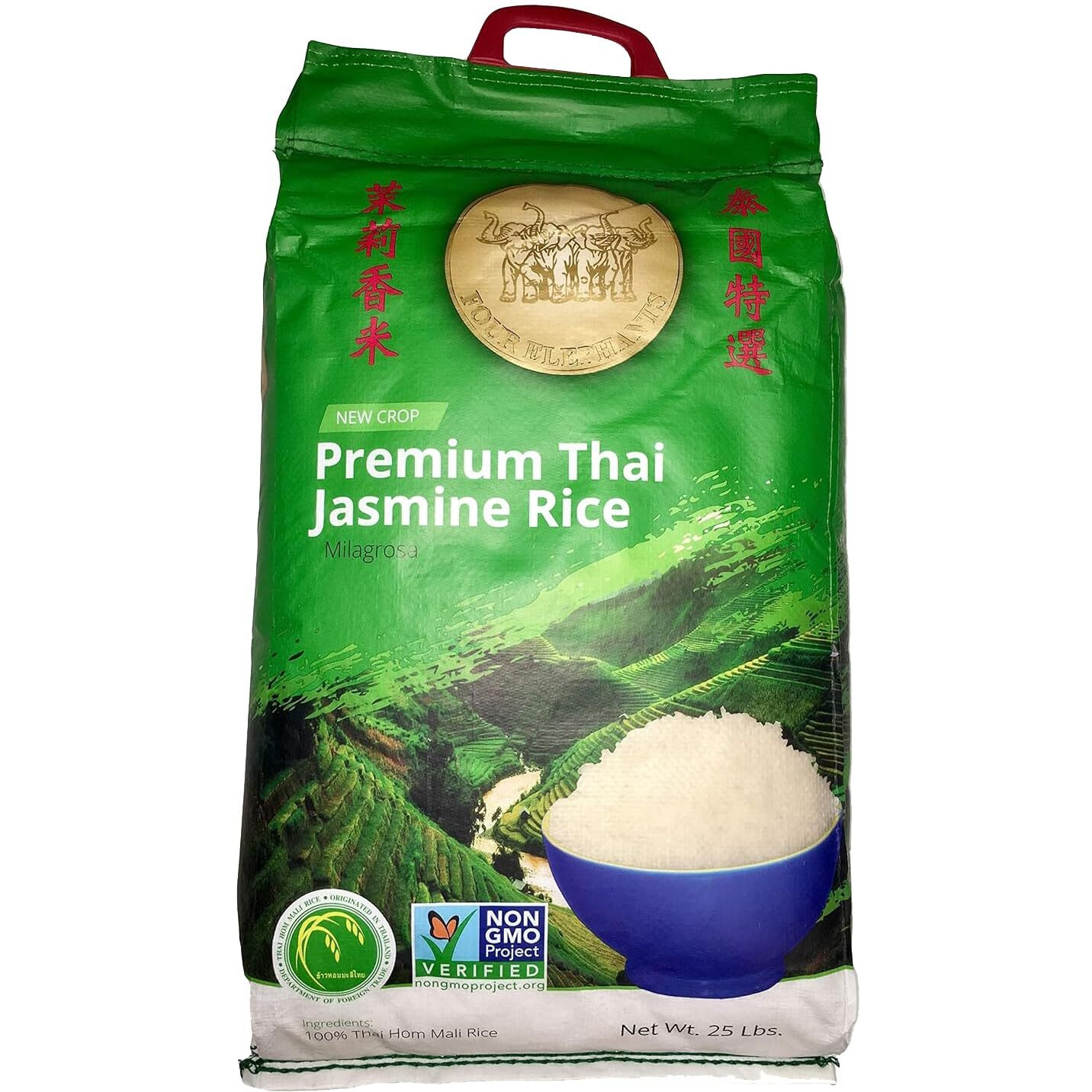25 Pounds (Lbs) Premium Thai Hom Mali Jasmine Rice | Endorsed By Pro Chefs | Four Elephants Brand | Cooking Instructions Packaging