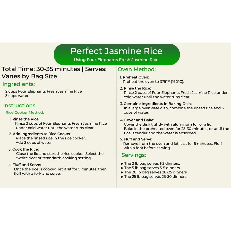 25 Pounds (Lbs) Premium Thai Hom Mali Jasmine Rice | Endorsed By Pro Chefs | Four Elephants Brand | Cooking Instructions Packaging