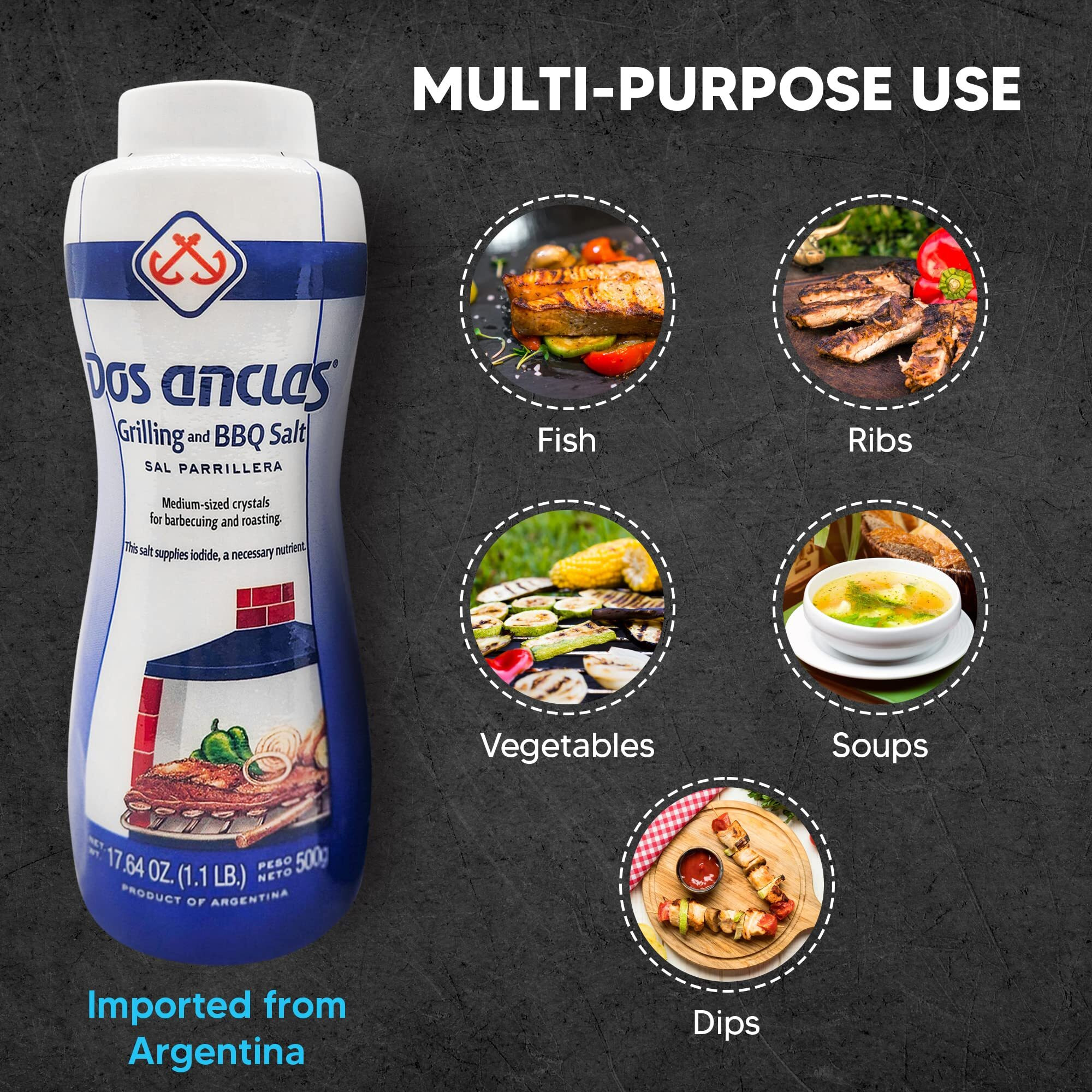 Dos Anclas Sal Parrillera 2 Pack, Rock Salt For Grilling And Bbq, Refined Medium Grain Salt For Meat And Seafood, Multi-Purpose Seasoning Gourmet Salt, 17.64 Oz (1.1 Lb)