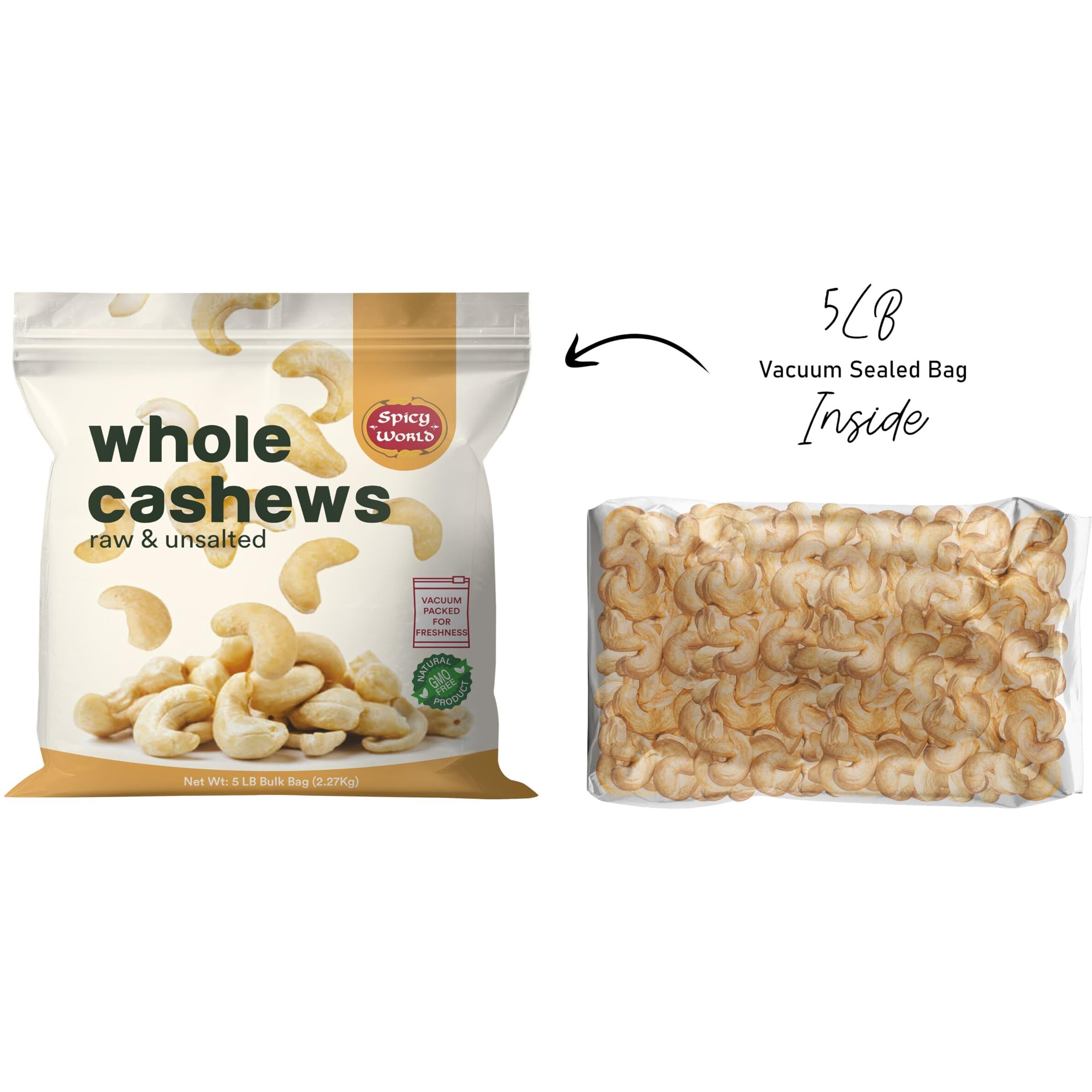 Spicy World Raw Cashews Whole 5 Pound Bulk - Unsalted, Natural & Pure, No Chemicals