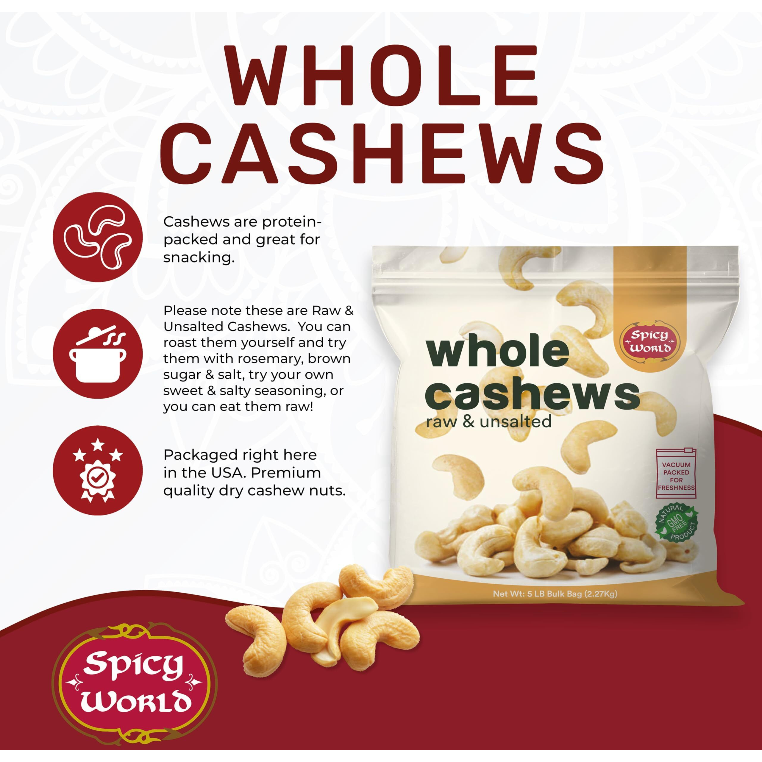 Spicy World Raw Cashews Whole 5 Pound Bulk - Unsalted, Natural & Pure, No Chemicals