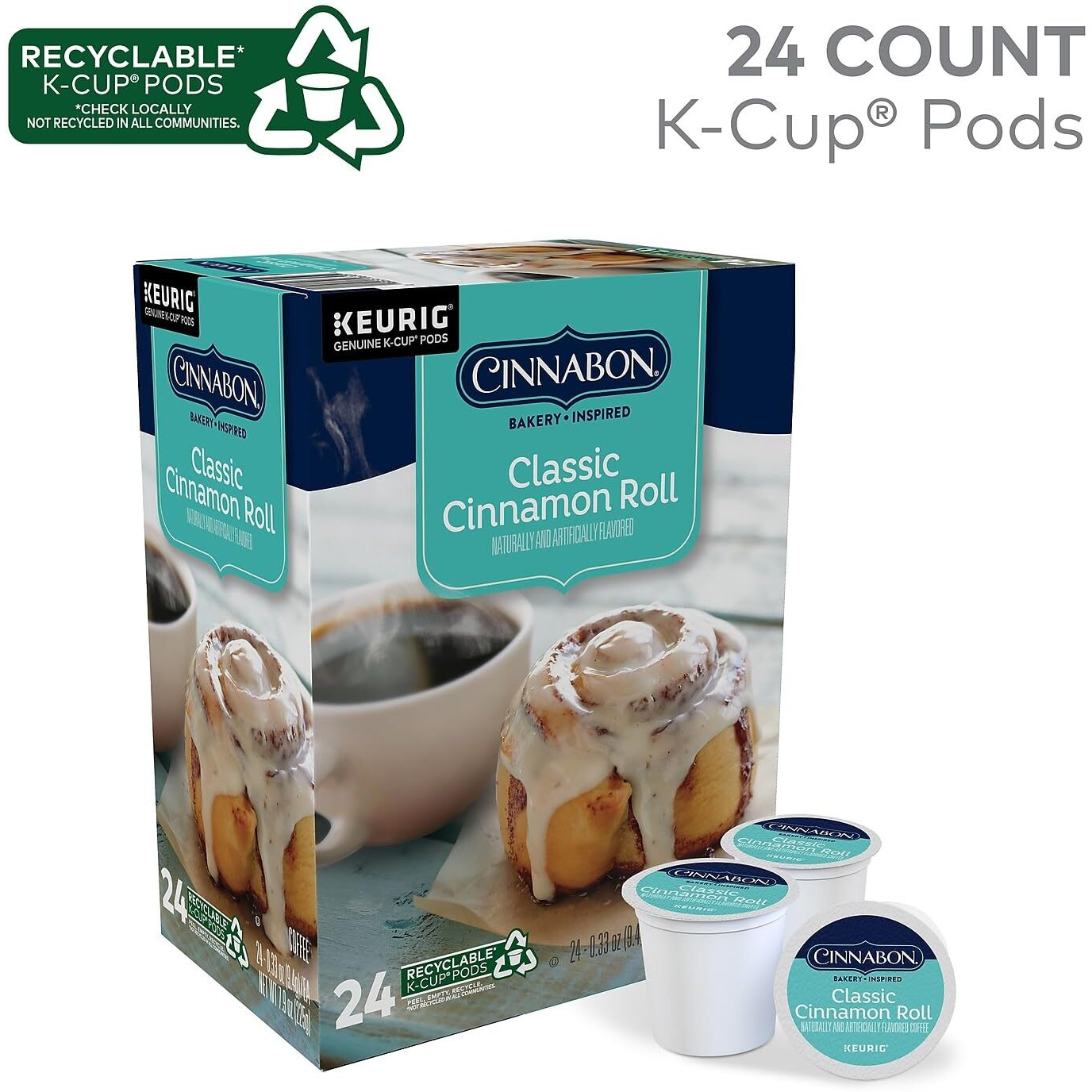 Cinnabon Classic Cinnamon Roll, Single-Serve Keurig K-Cup Pods, Flavored Coffee, 24 Count