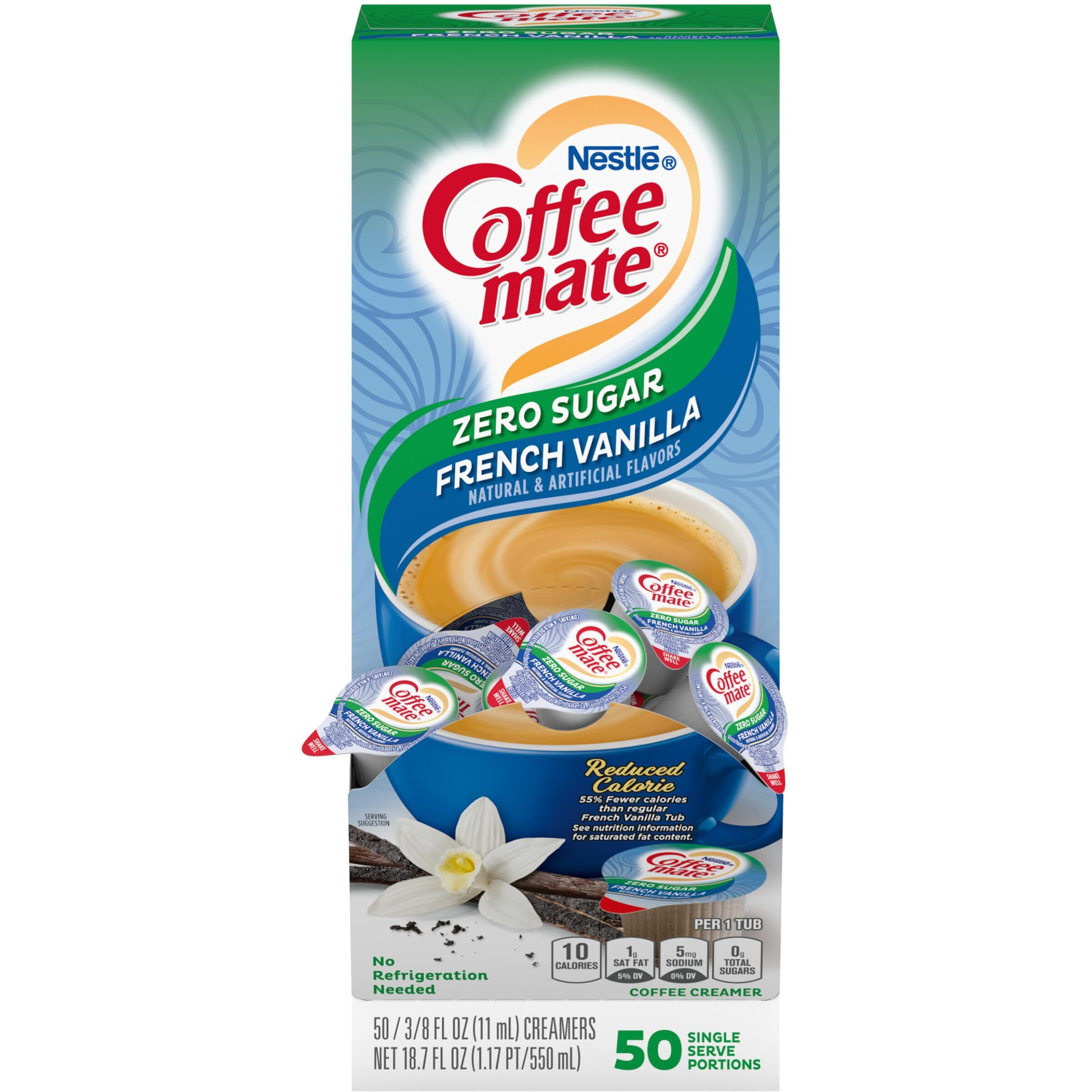 Nestle Coffee Mate Coffee Creamer, Sugar Free French Vanilla, Liquid Creamer Singles, Non Dairy, No Refrigeration, Box Of 50 Singles
