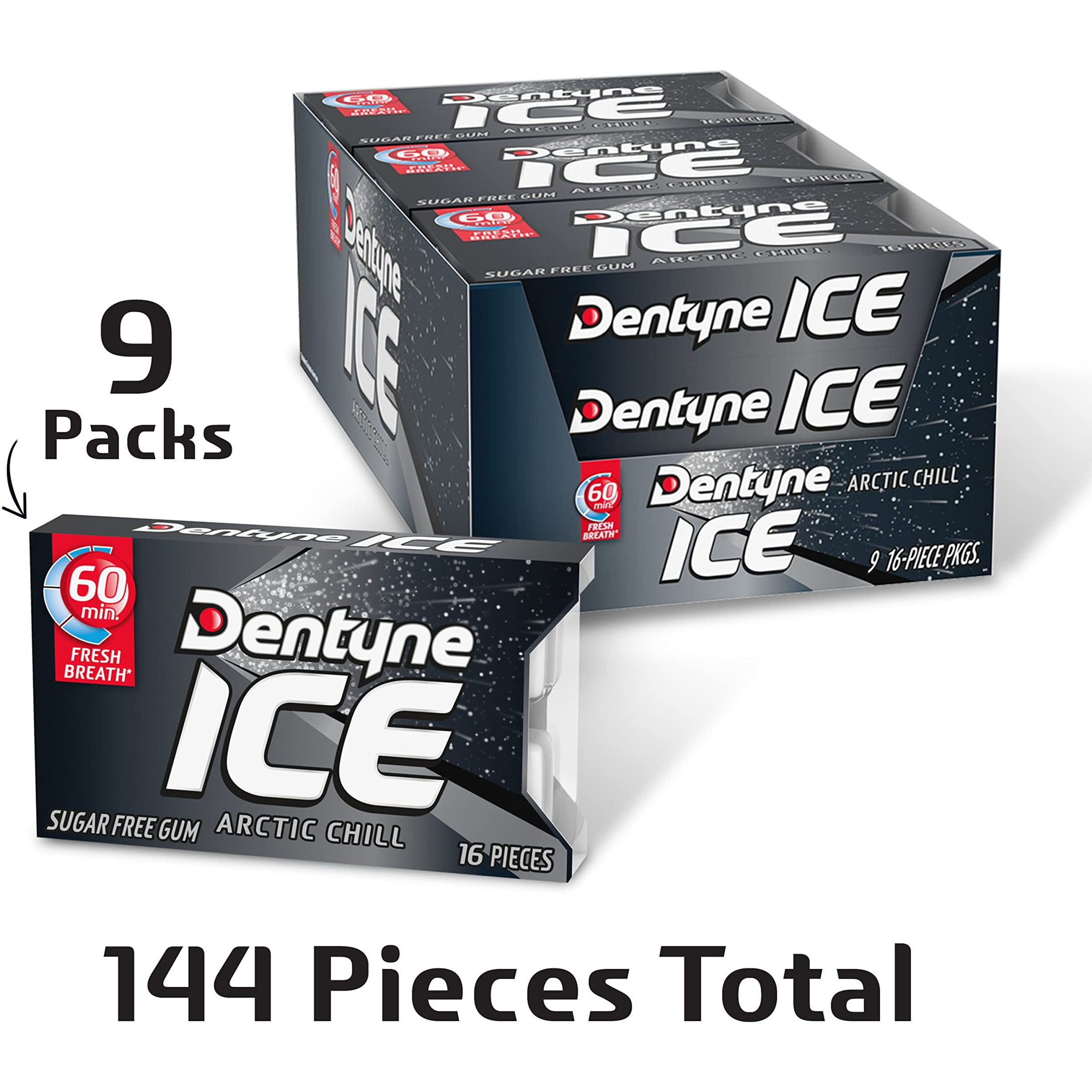 Dentyne Ice Arctic Chill Sugar Free Gum, 16 Count (Pack Of 9) (144 Total Pieces)