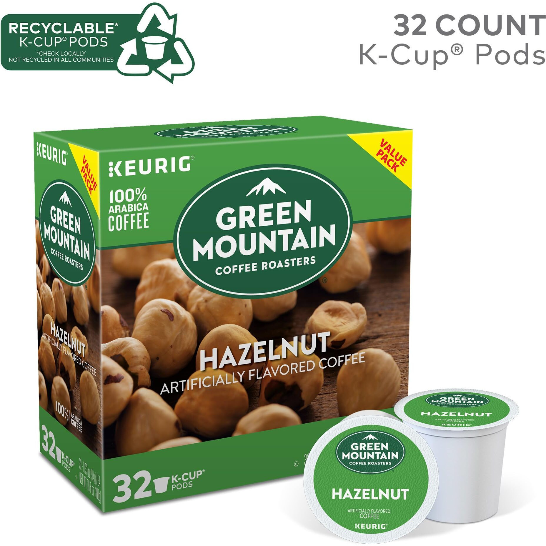 Green Mountain Coffee Roasters Hazelnut Keurig Single-Serve K-Cup Pods, Light Roast Coffee, 32 Count