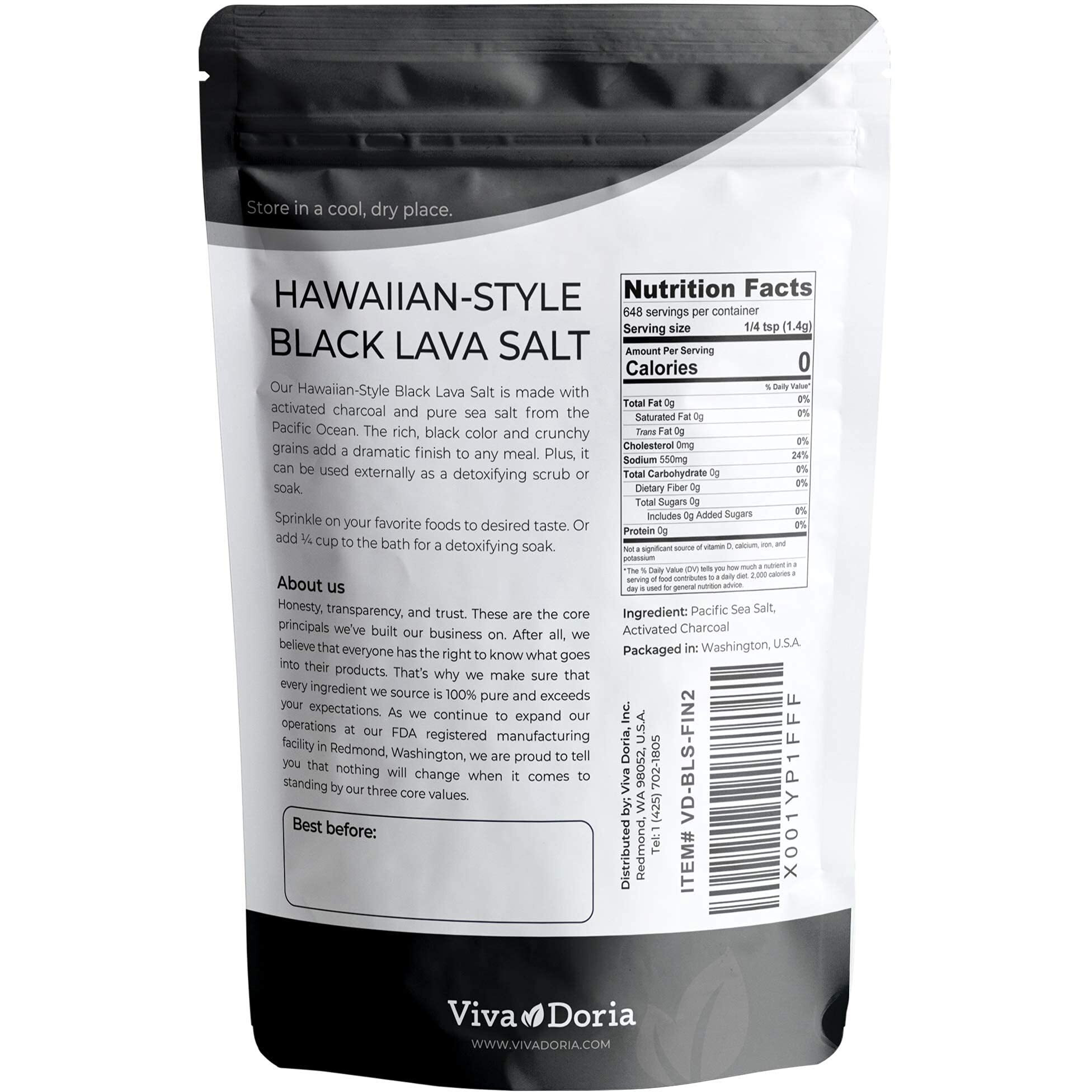 Viva Doria Hawaiian Black Lava Sea Salt, Fine Grain, Lava Salt, 2 Lb (907 G)