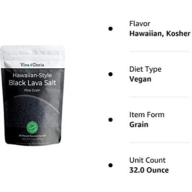 Viva Doria Hawaiian Black Lava Sea Salt, Fine Grain, Lava Salt, 2 Lb (907 G)