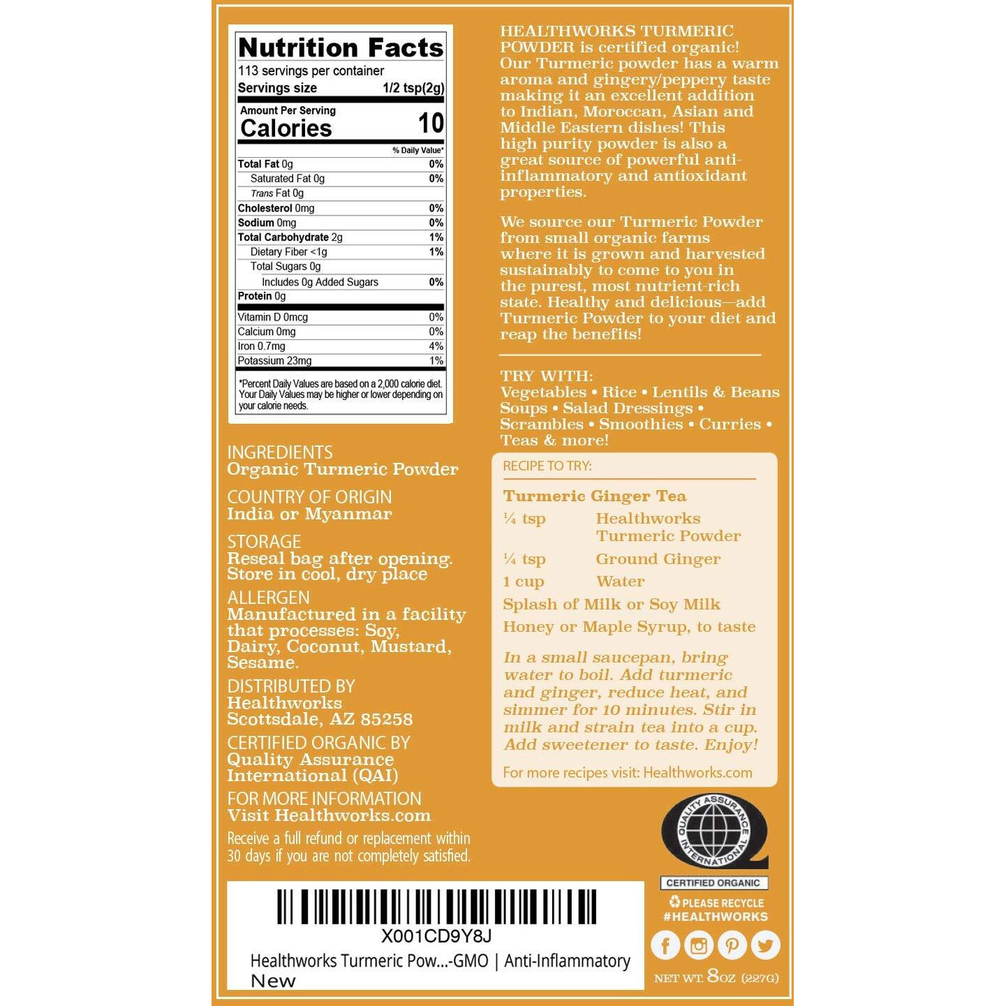 Healthworks Turmeric Powder (8 Ounces ) | Ground Raw Organic | Curcumin & Antioxidants | Keto, Paleo, Vegan, Non-Gmo