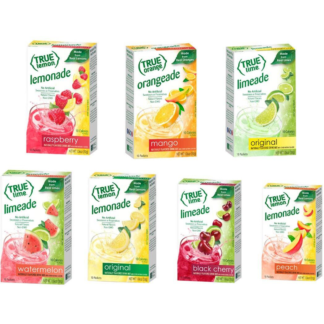 True Lime 7 Flavor Variety Pack Watermelon Aqua Fresca, Limeade, Original Lemonade, Peach, Black Cherry, Raspberry & Mango Orange. True Citrus Assorted Beverage Pack (7 Boxes), Red