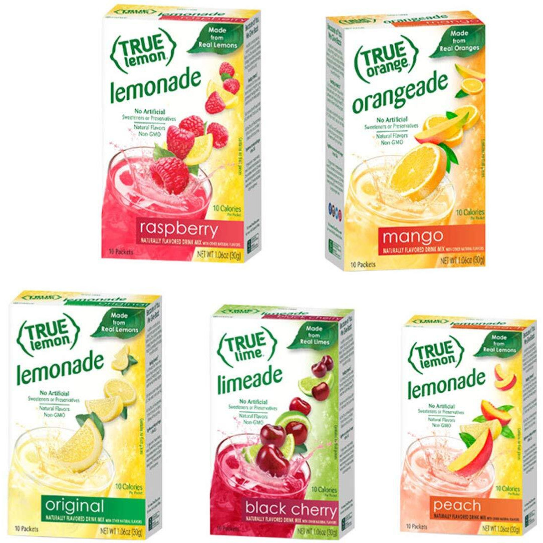 True Lime 7 Flavor Variety Pack Watermelon Aqua Fresca, Limeade, Original Lemonade, Peach, Black Cherry, Raspberry & Mango Orange. True Citrus Assorted Beverage Pack (7 Boxes), Red