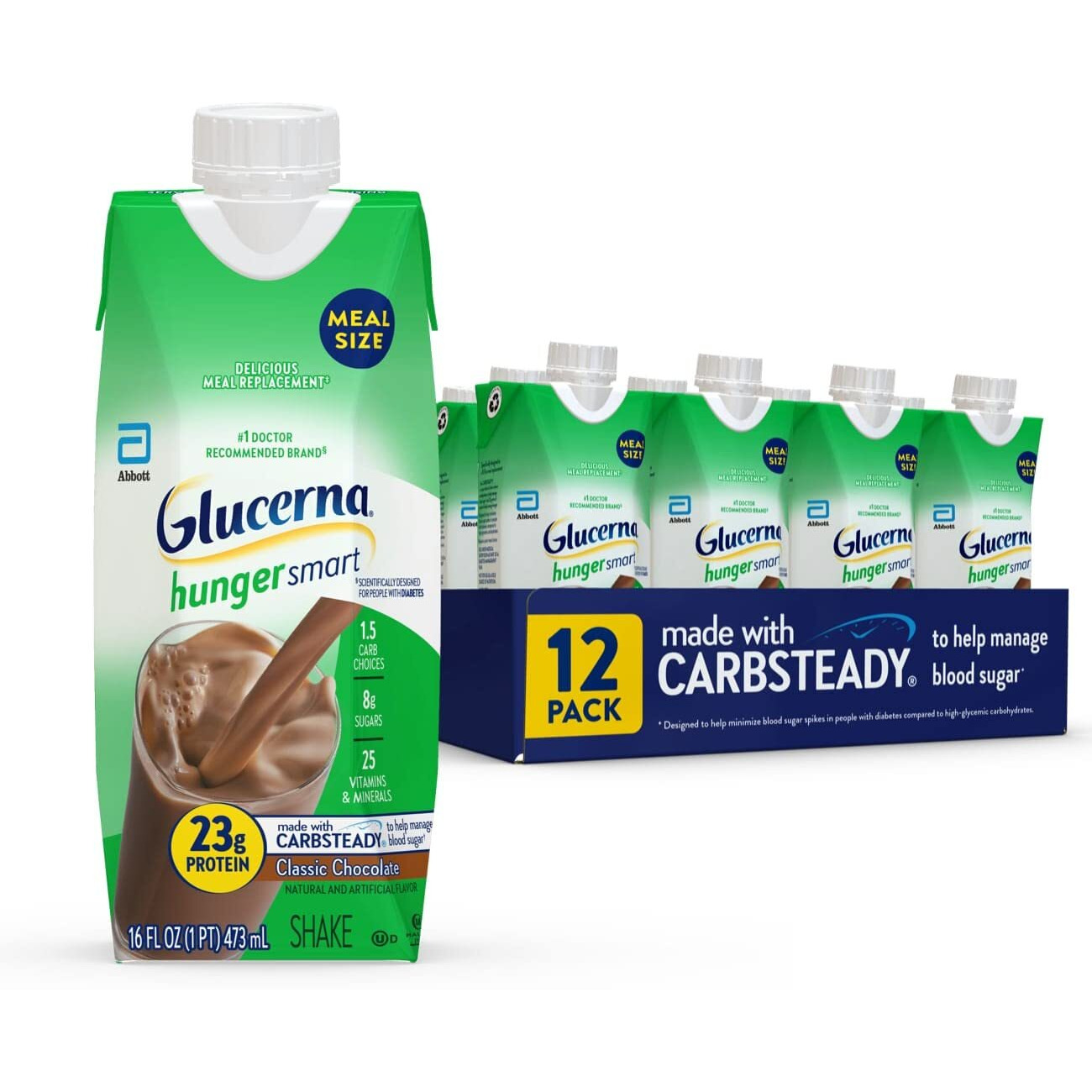 Glucerna Hunger Smart Meal Size Shake, Diabetic Meal Replacement, Blood Sugar Management, 23G Protein, 250 Calories, Classic Chocolate, 16-Fl-Oz Carton, 12 Count