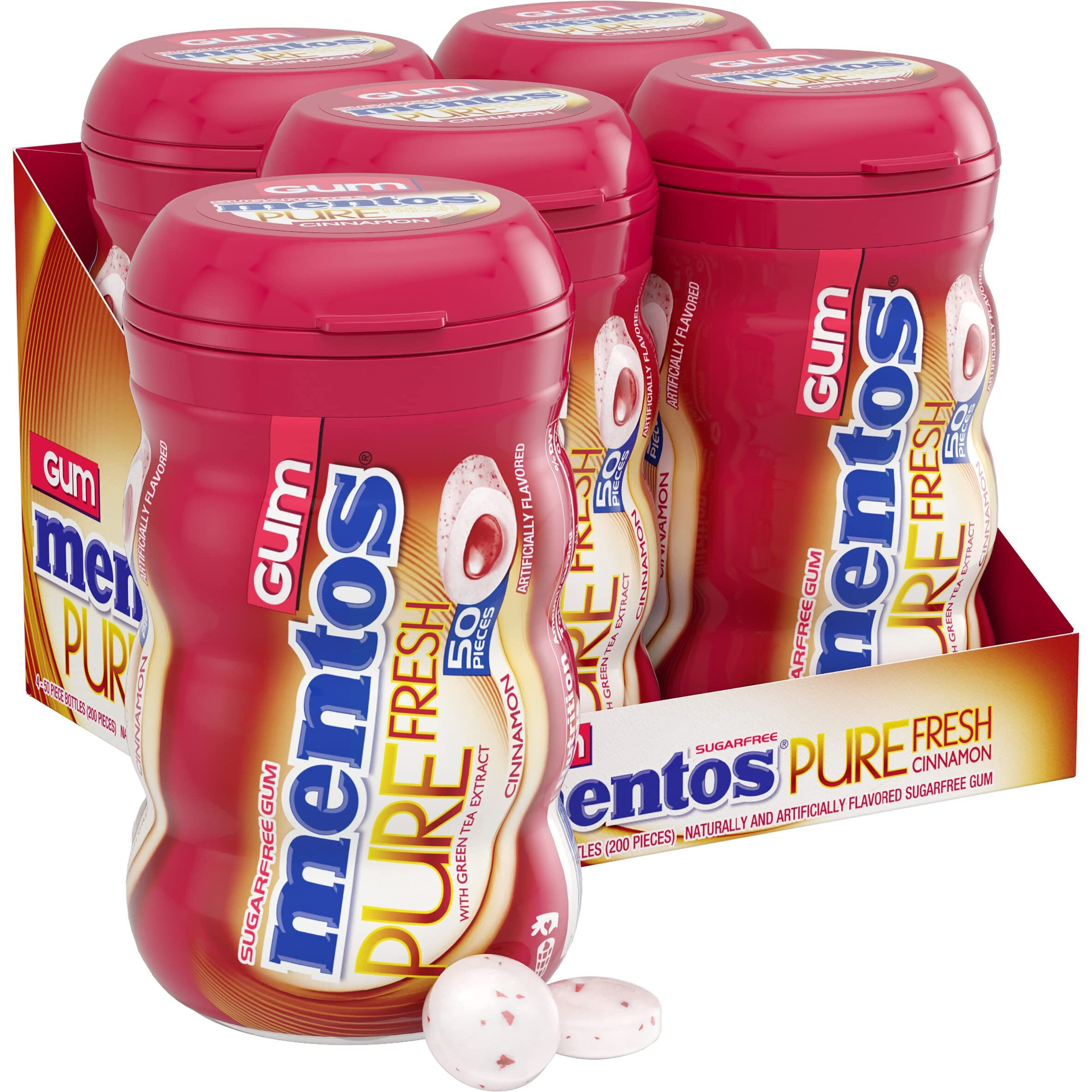Mentos Pure Fresh Sugar-Free Chewing Gum With Xylitol, Cinnamon, Bulk, 50 Piece Bottle (Pack Of 4)