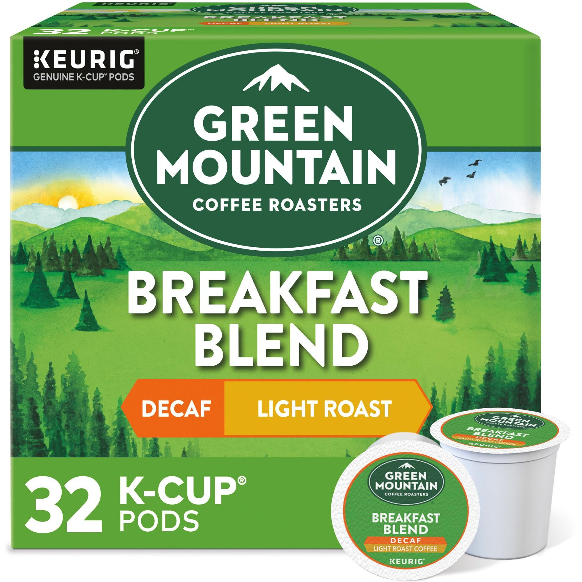 Green Mountain Coffee Roasters Decaf Breakfast Blend , Single-Serve Keurig K-Cup Pods, Light Roast Coffee, 32 Count