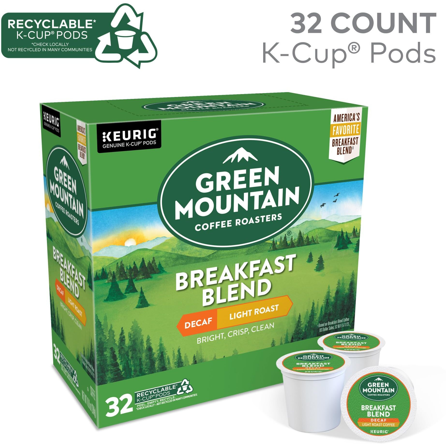 Green Mountain Coffee Roasters Decaf Breakfast Blend , Single-Serve Keurig K-Cup Pods, Light Roast Coffee, 32 Count