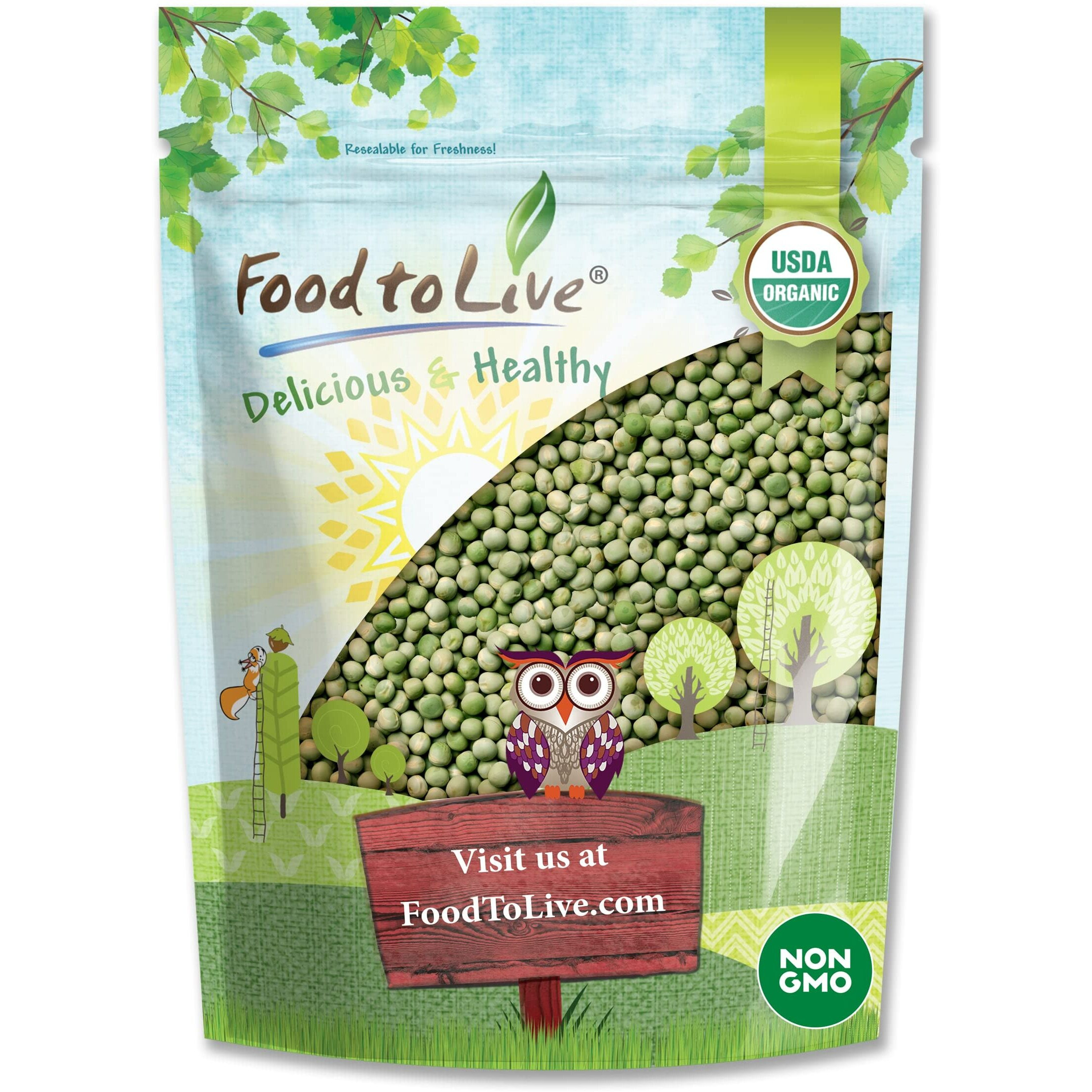 Food To Live - Organic Whole Dried Green Peas, 2.5 Pounds Non-Gmo, Green Vatana, Sproutable, Vegan, Kosher, Bulk. Pre-Soak Needed. Rich In Protein, Fiber.