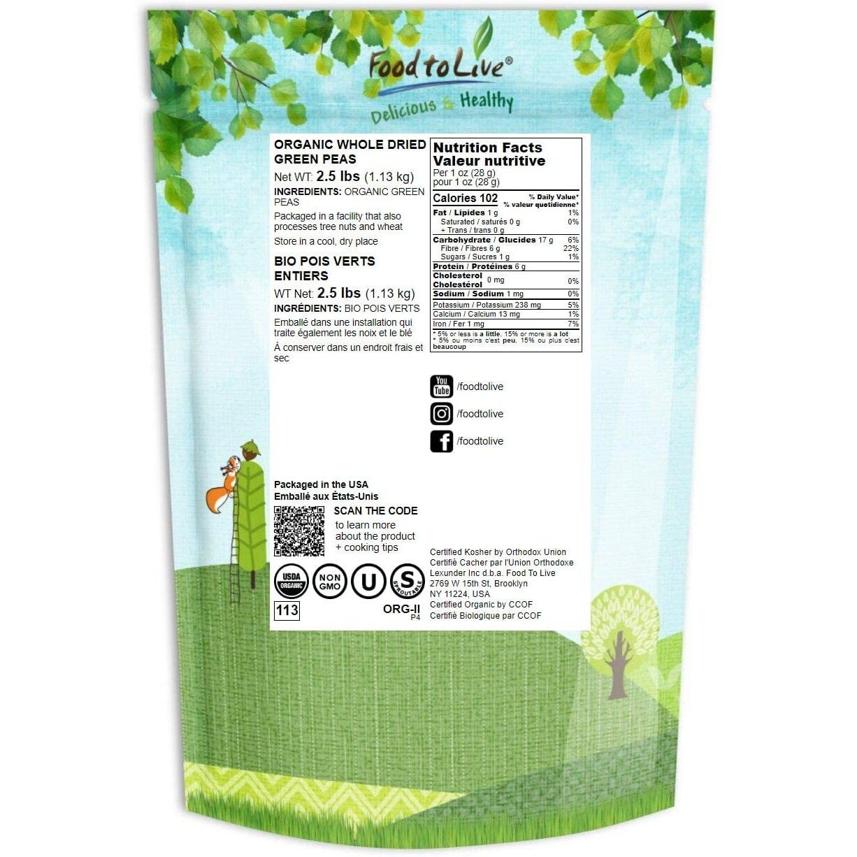 Food To Live - Organic Whole Dried Green Peas, 2.5 Pounds Non-Gmo, Green Vatana, Sproutable, Vegan, Kosher, Bulk. Pre-Soak Needed. Rich In Protein, Fiber.