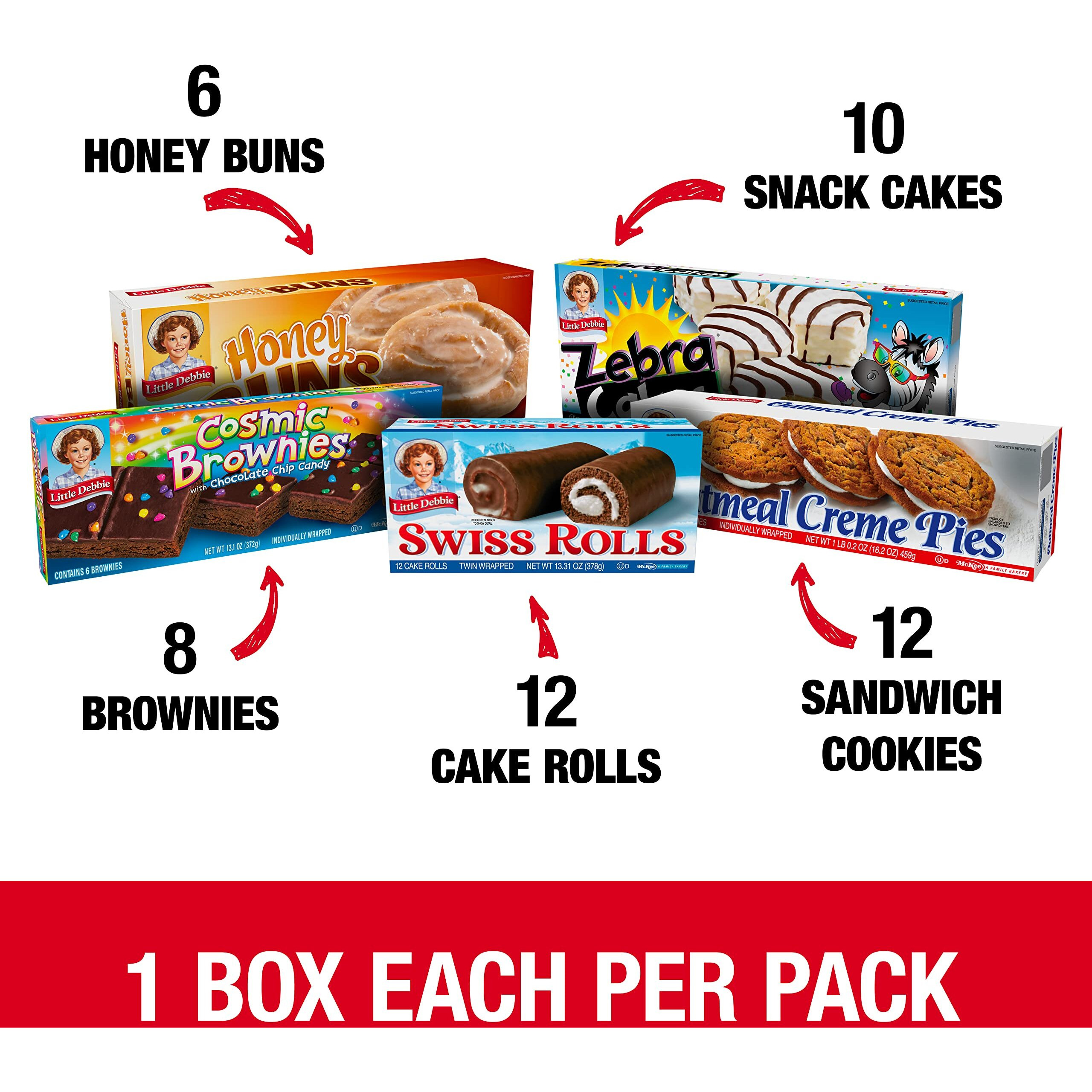 Little Debbie Variety Pack, Zebra Cakes, Cosmic Brownies, Honey Buns, Oatmeal Creme Pies, And Swiss Rolls (1 Box Each), 48 Piece Assortment