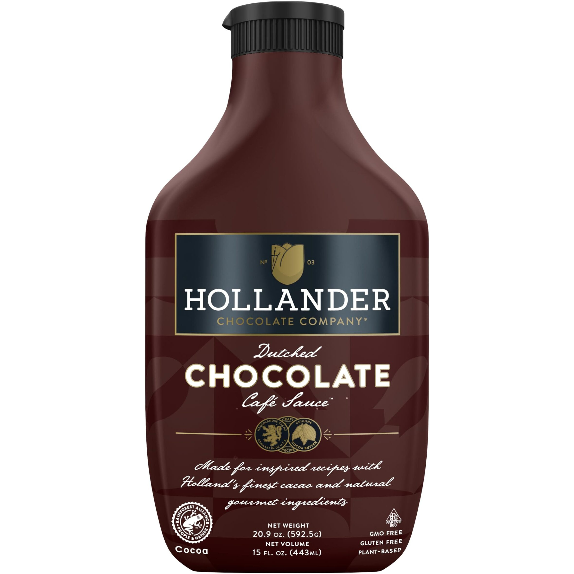 Hollander Dutched Chocolate Caf   Sauce | Vegan Friendly, Gmo-Free, Gluten/Soy Free, Corn Syrup Free |15 Fl. Oz. Squeeze Bottle