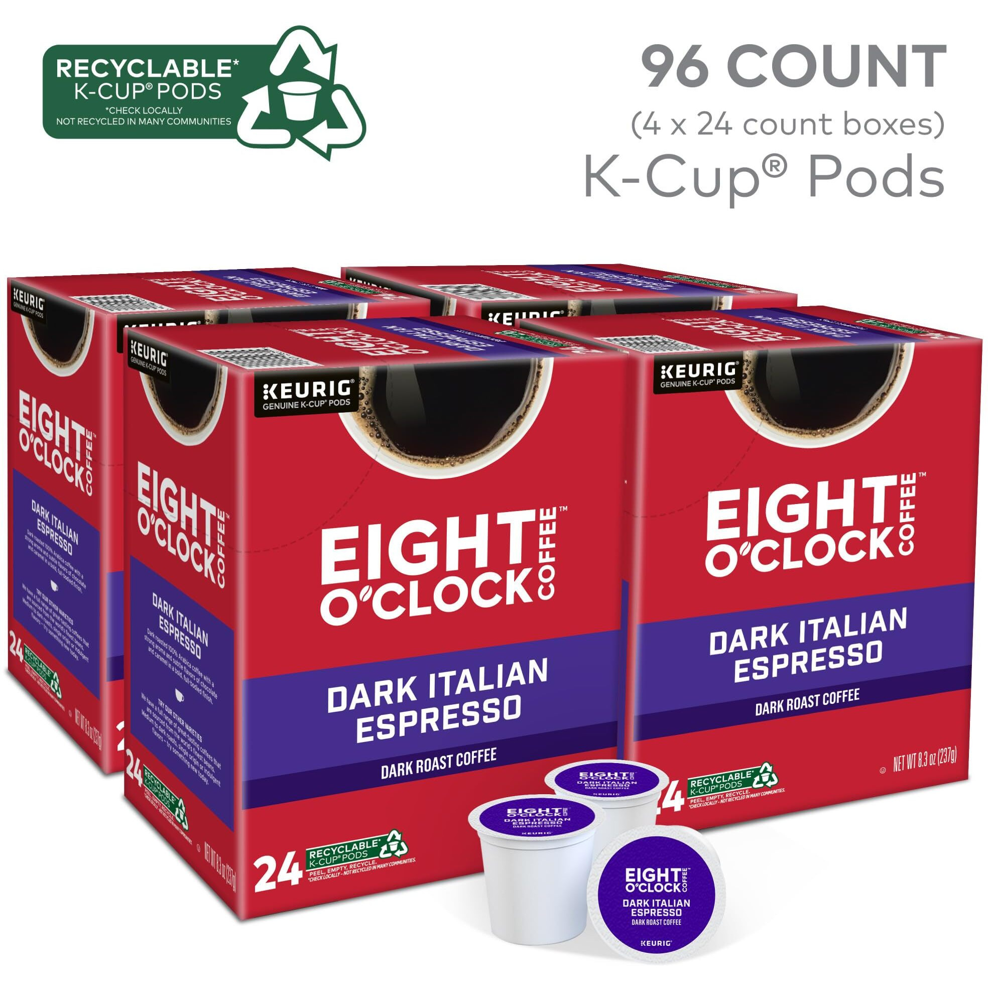 Eight O'Clock Coffee Dark Italian Espresso Roast Keurig Single-Serve K-Cup Pods, Dark Roast Coffee, 96 Count (4 Packs Of 24)
