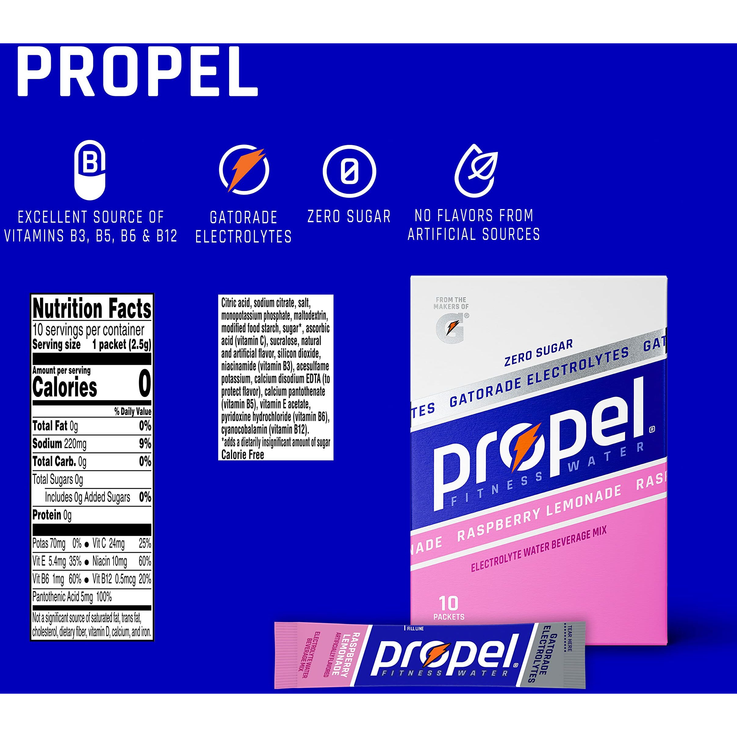 Propel Powder Packets. Raspberry Lemonade With Electrolytes, Vitamins And No Sugar, 10 Count (Pack Of 12) -Packaging May Vary