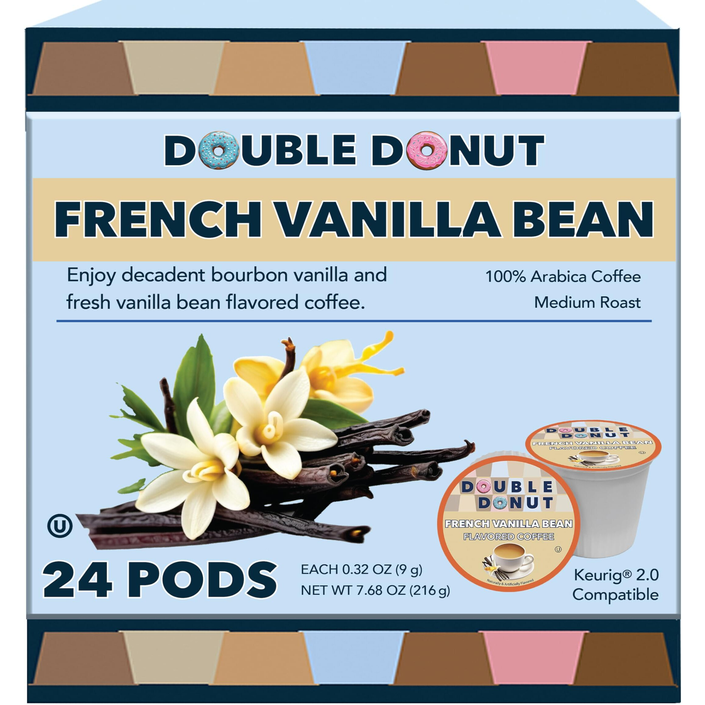 French Vanilla Coffee Pods, Vanilla Bean Flavored Coffee In Recyclable Single Serve Vanilla Pods For The Keurig K Cups Coffee Makers, From Double Donut - 24 Cups