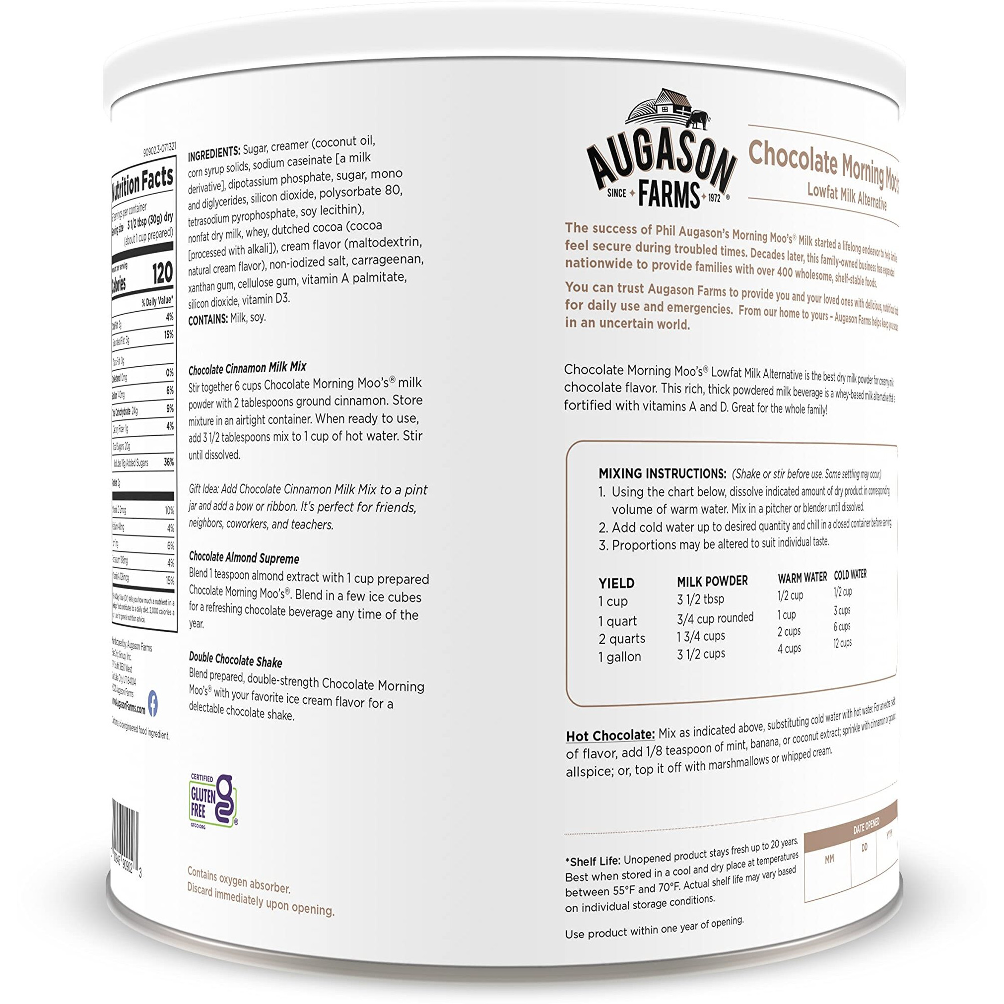 Augason Farms Morning Moo's Chocolate Low Fat Milk Alternative Can, Emergency Food Supply, Everyday Meals, 67 Servings